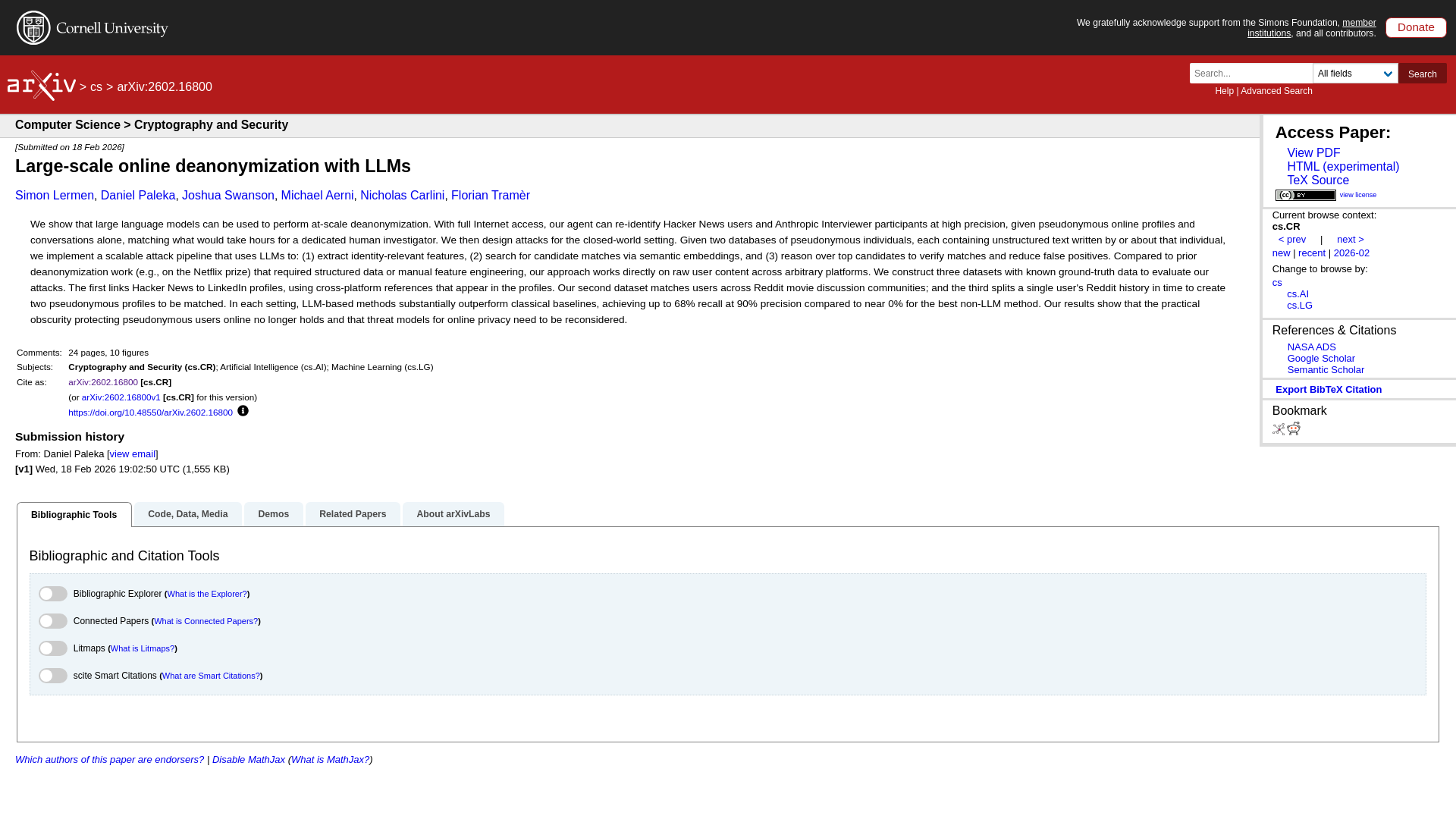 [2602.16800] Large-scale online deanonymization with LLMs