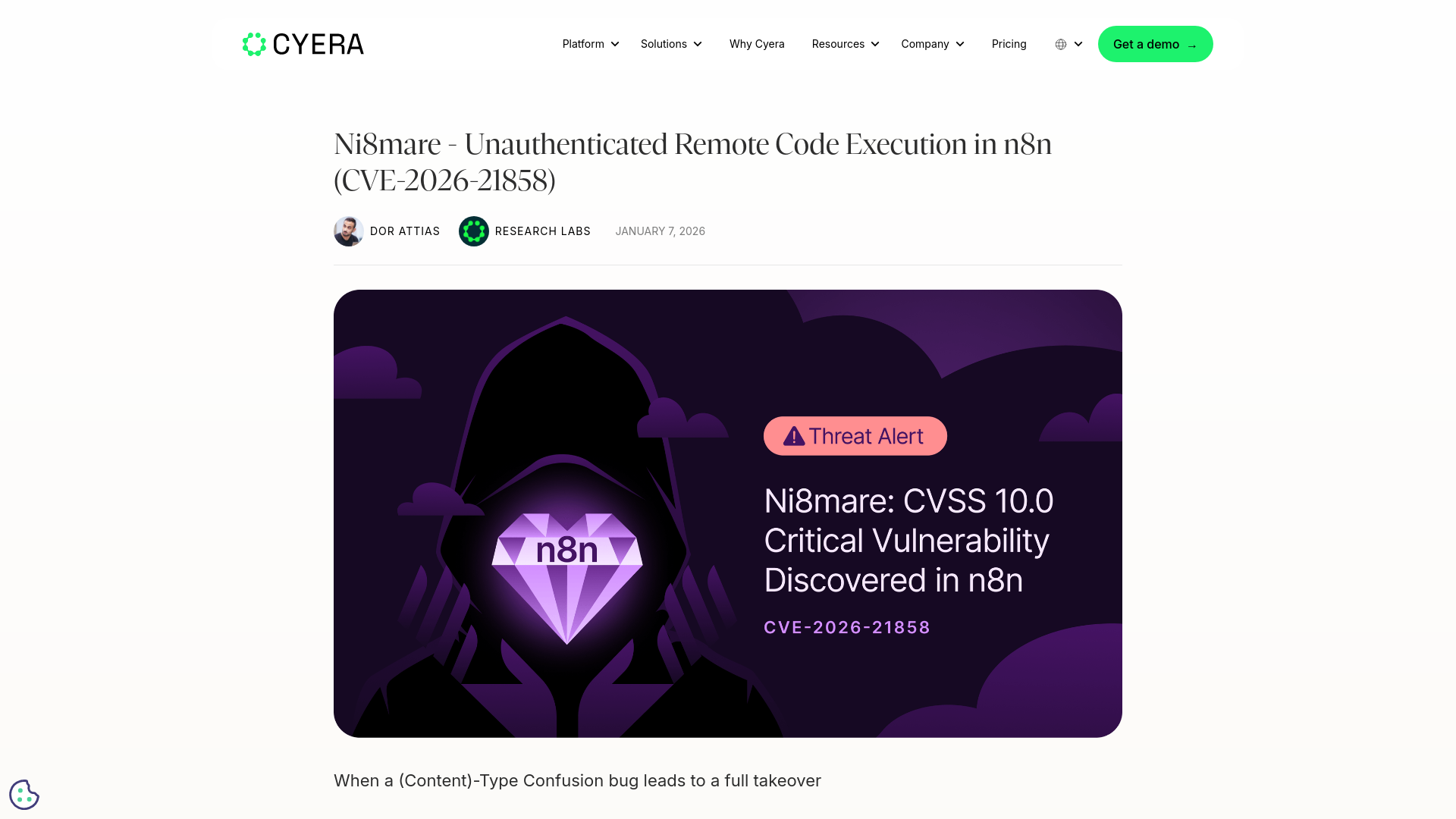 Ni8mare  -  Unauthenticated Remote Code Execution in n8n (CVE-2026-21858) | Cyera Research Labs