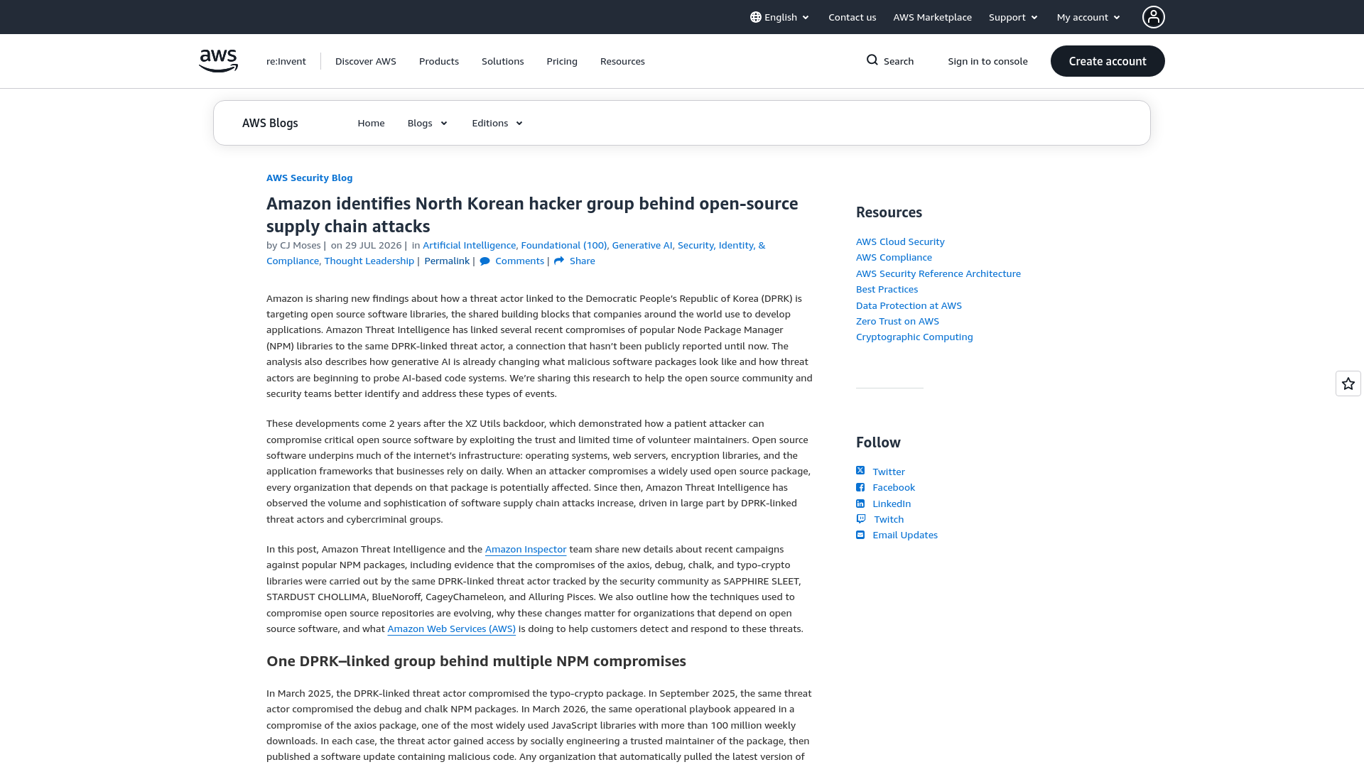 Amazon identifies North Korean hacker group behind open-source supply chain attacks | AWS Security Blog