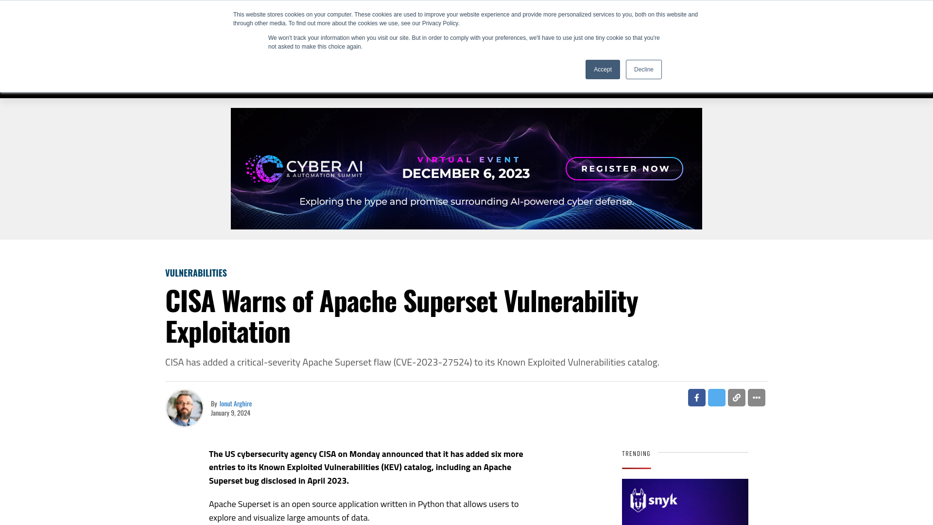 CISA Warns of Apache Superset Vulnerability Exploitation - SecurityWeek