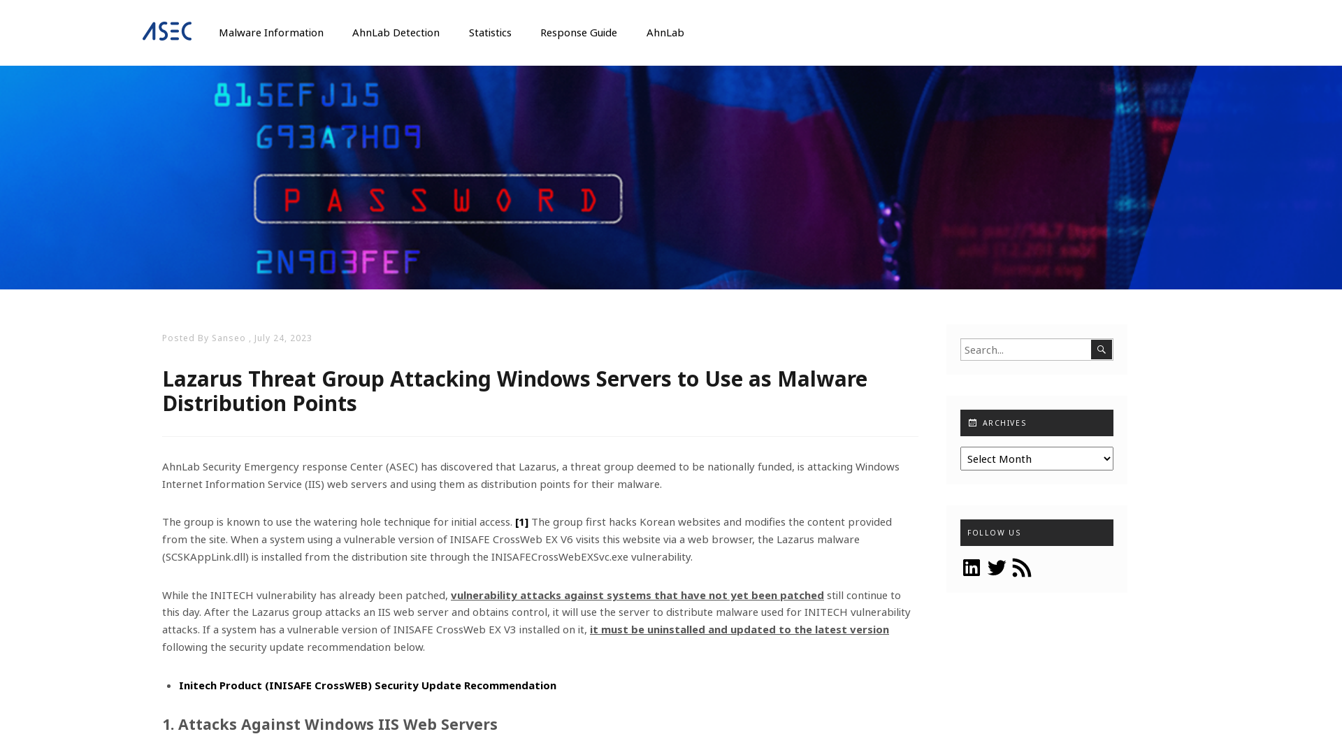 Lazarus Threat Group Attacking Windows Servers to Use as Malware Distribution Points - ASEC BLOG