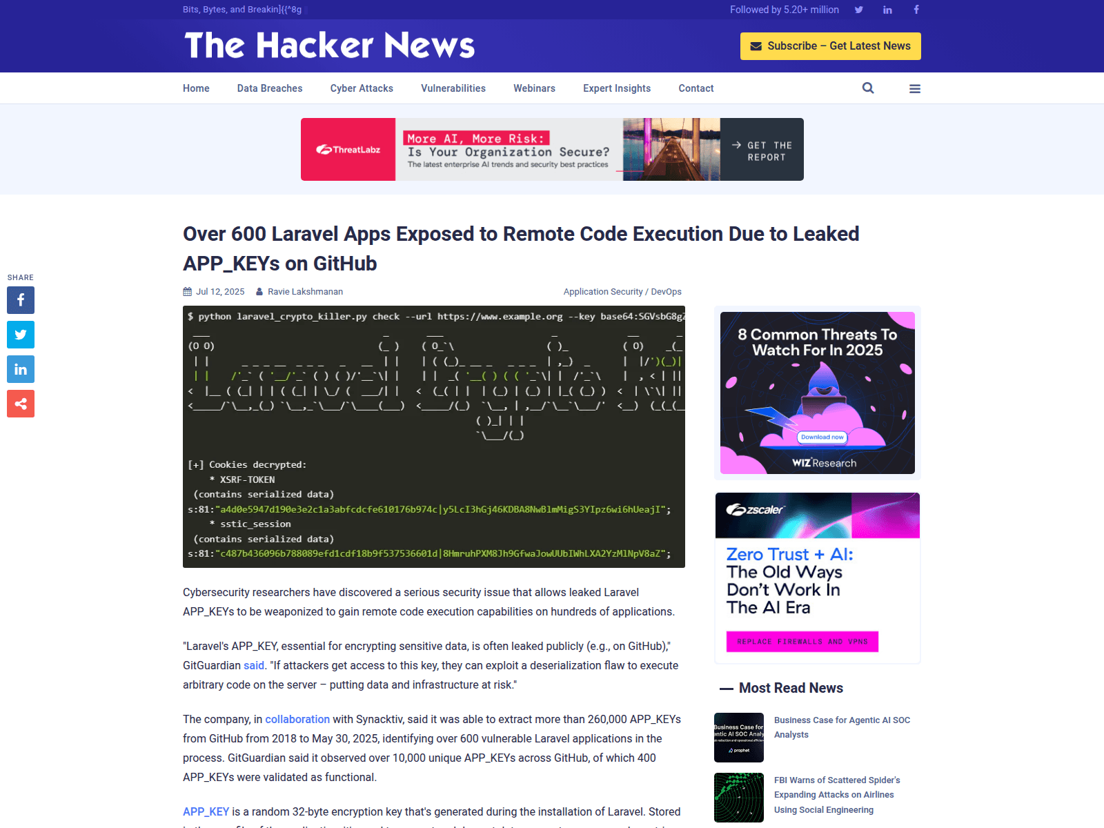 Over 600 Laravel Apps Exposed to Remote Code Execution Due to Leaked APP_KEYs on GitHub