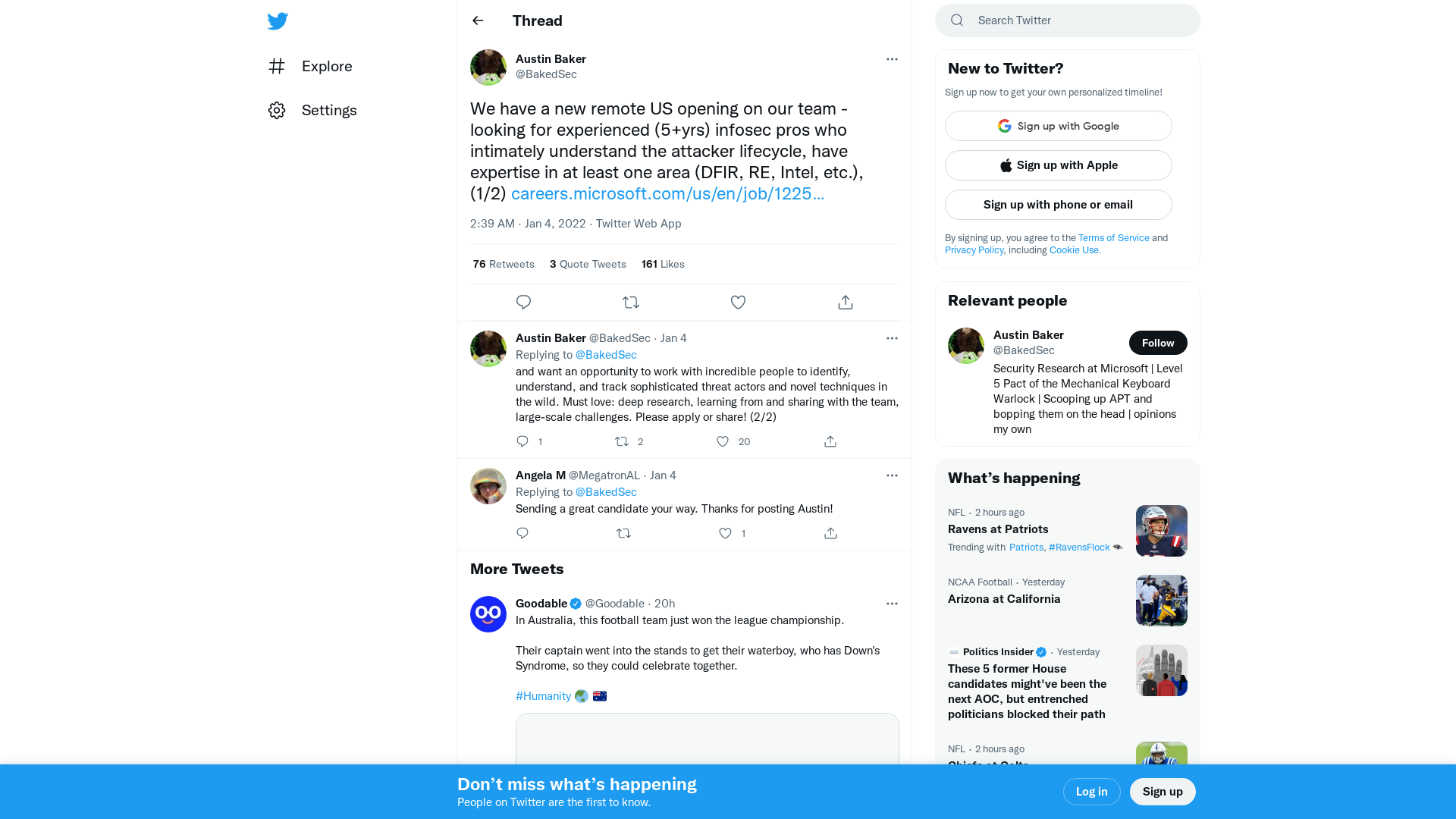 Austin Baker on Twitter: "We have a new remote US opening on our team - looking for experienced (5+yrs) infosec pros who intimately understand the attacker lifecycle, have expertise in at least one area (DFIR, RE, Intel, etc.), (1/2) https://t.co/VxROEg1ytG" / Twitter