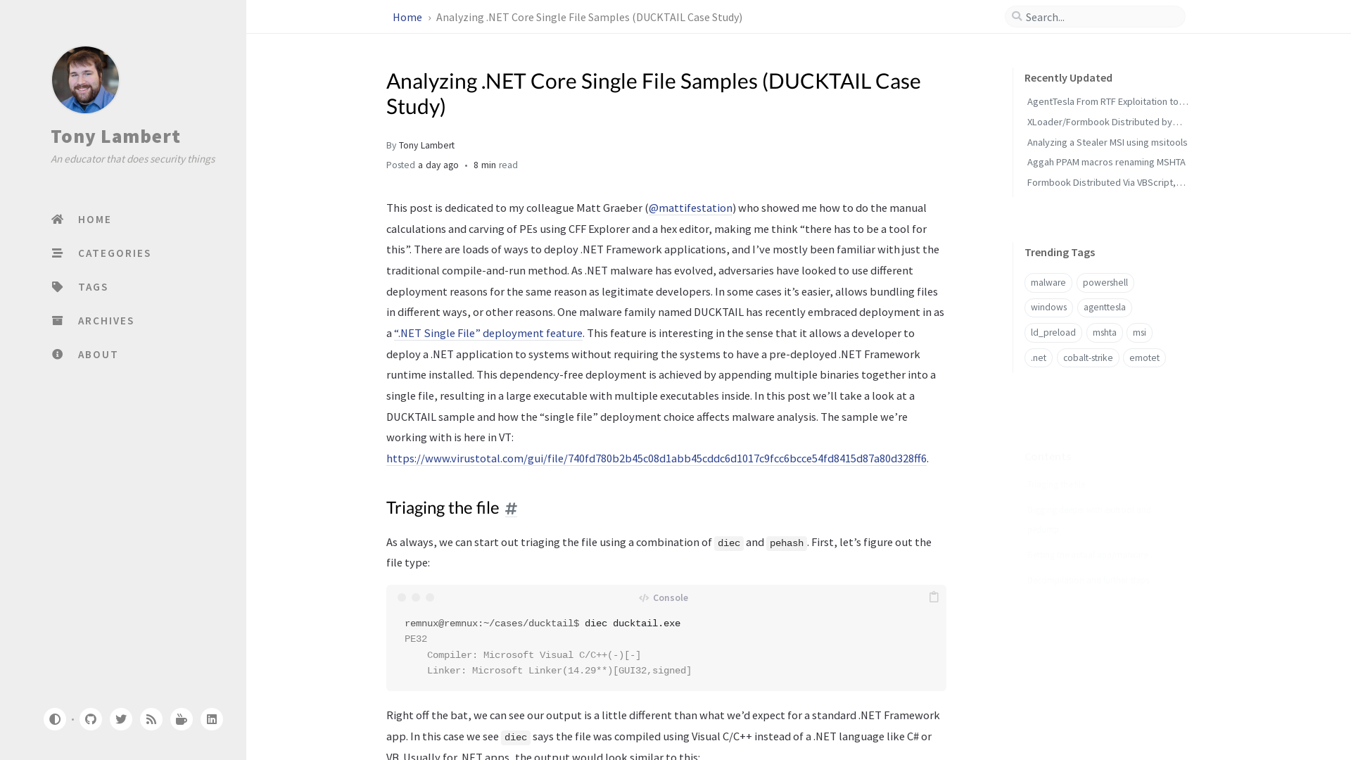 Analyzing .NET Core Single File Samples (DUCKTAIL Case Study) | Tony Lambert