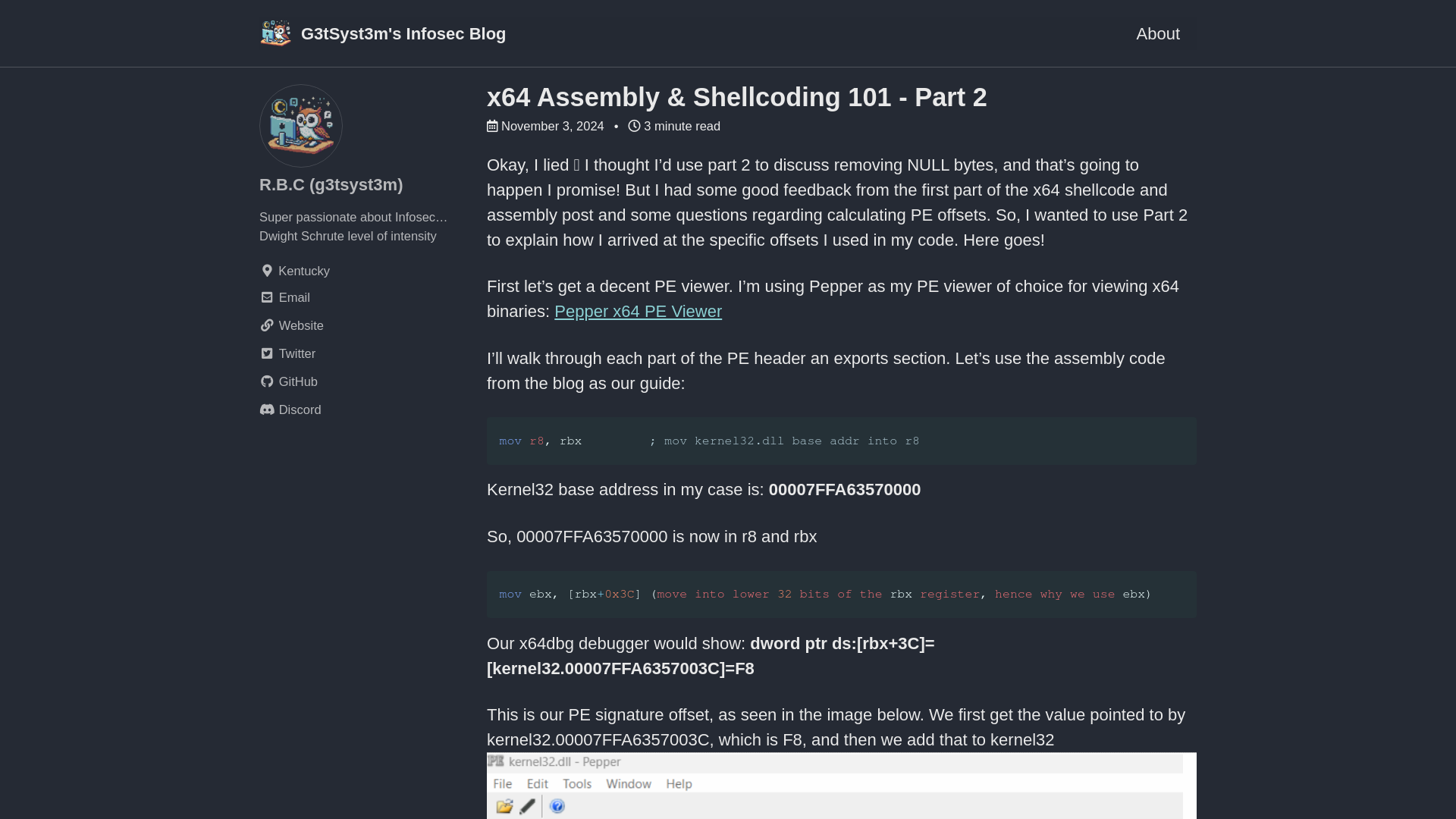 x64 Assembly & Shellcoding 101 - Part 2 - G3tSyst3m’s Infosec Blog