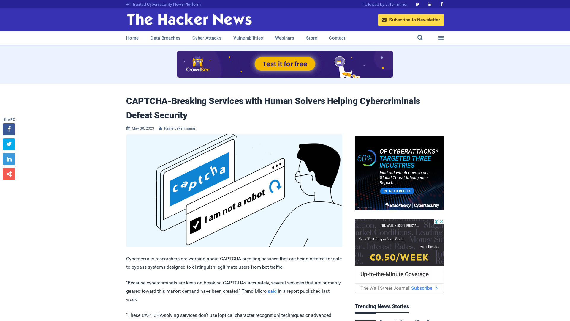 CAPTCHA-Breaking Services with Human Solvers Helping Cybercriminals Defeat Security