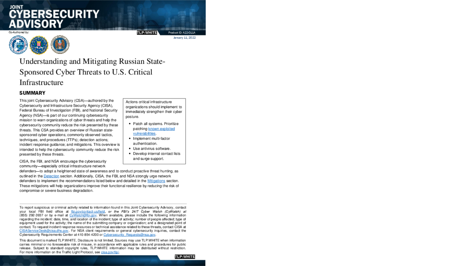 JOINT_CSA_UNDERSTANDING_MITIGATING_RUSSIAN_CYBER_THREATS_TO_US_CRITICAL_INFRASTRUCTURE_20220111.PDF