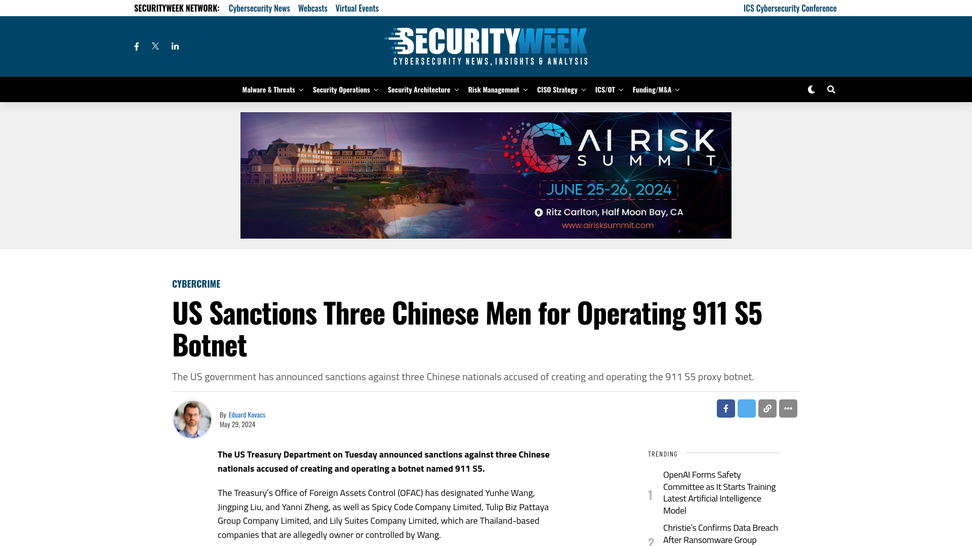 US Sanctions Three Chinese Men for Operating 911 S5 Botnet - SecurityWeek