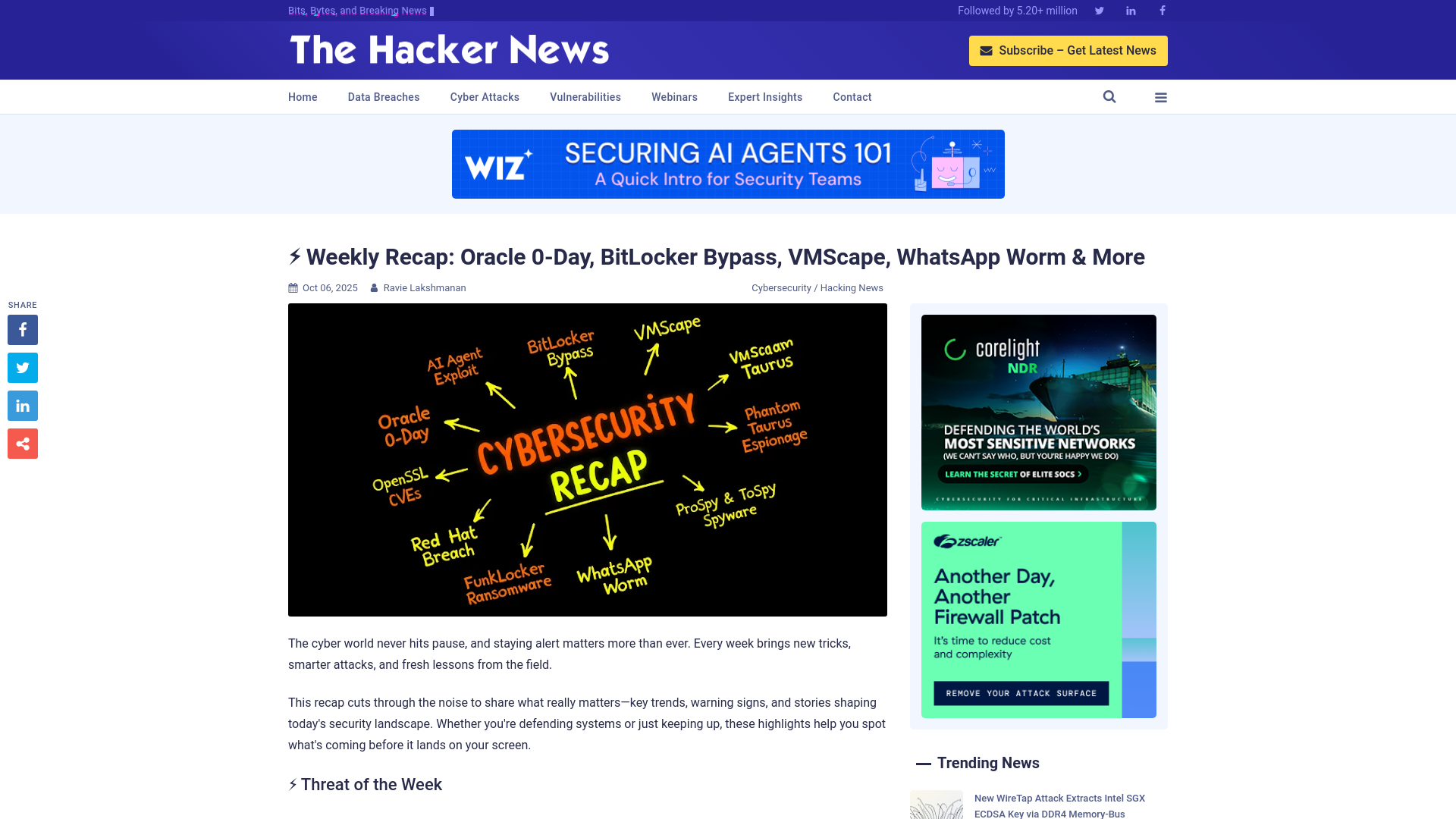 ⚡ Weekly Recap: Oracle 0-Day, BitLocker Bypass, VMScape, WhatsApp Worm & More