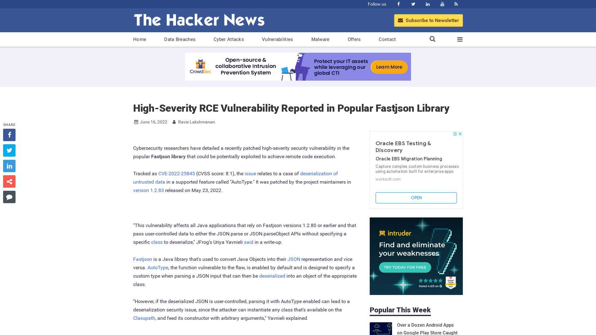 High-Severity RCE Vulnerability Reported in Popular Fastjson Library