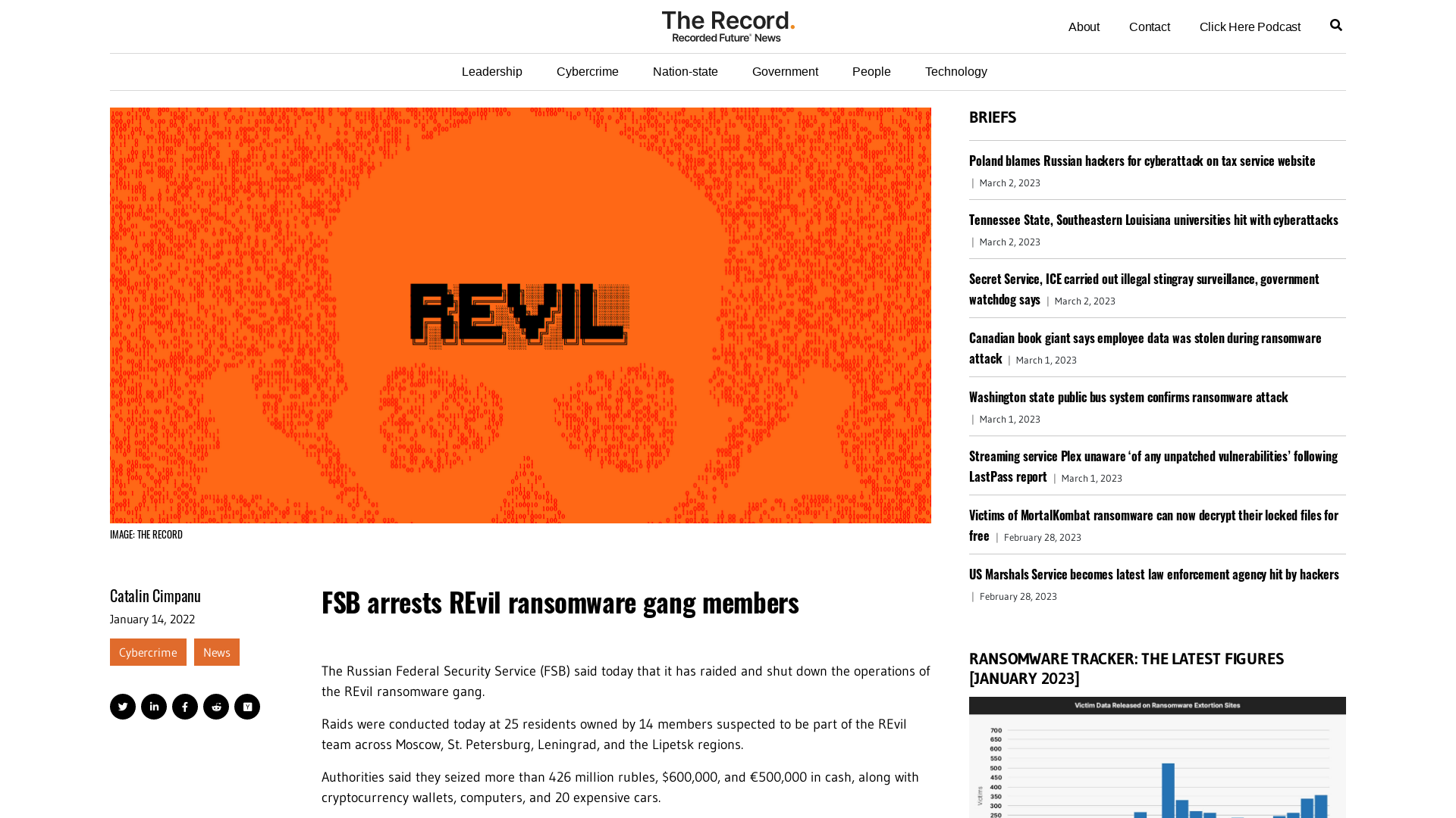 FSB arrests REvil ransomware gang members - The Record from Recorded Future News