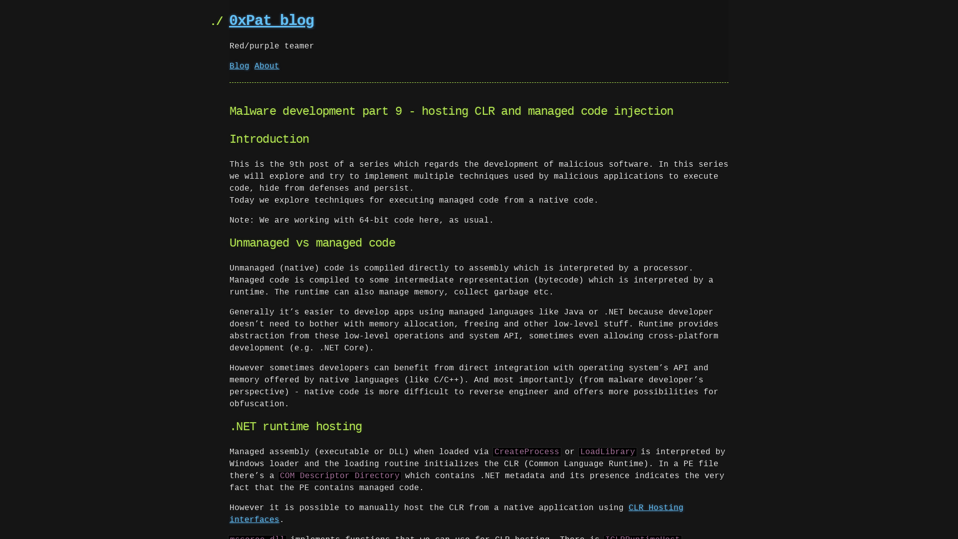 Malware development part 9 - hosting CLR and managed code injection – 0xPat blog – Red/purple teamer