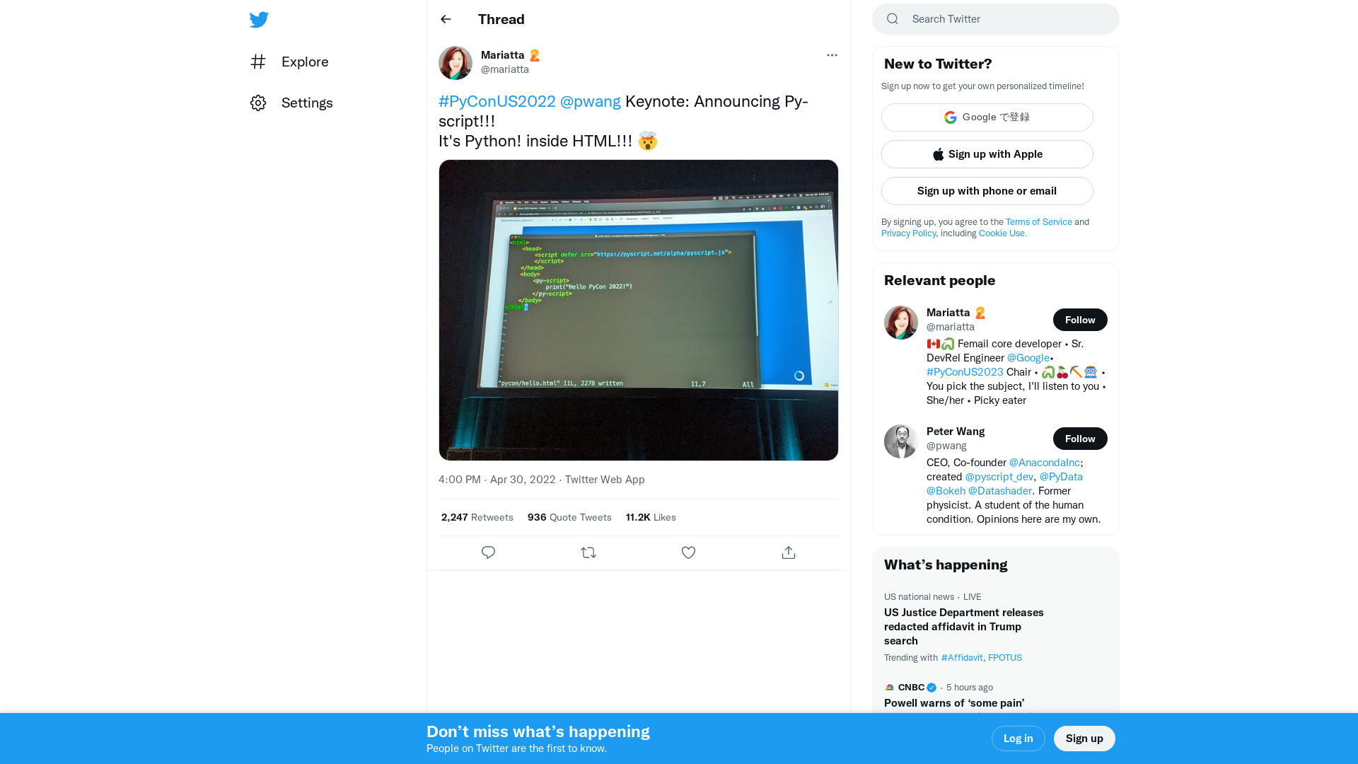 Mariatta 🤦 on Twitter: "#PyConUS2022 @pwang Keynote: Announcing Py-script!!! It's Python! inside HTML!!! 🤯 https://t.co/paDsibNQtt" / Twitter