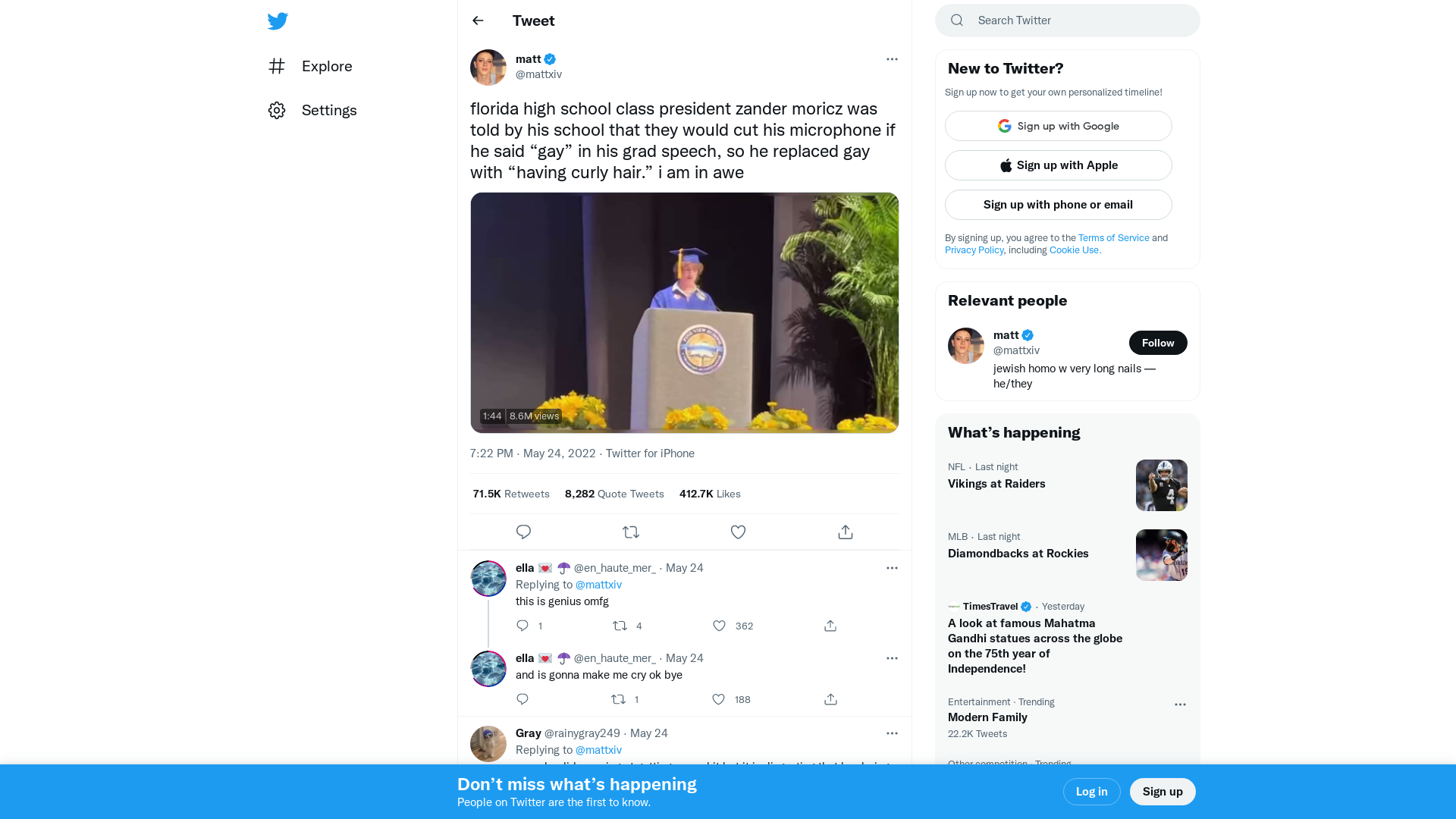 matt on Twitter: "florida high school class president zander moricz was told by his school that they would cut his microphone if he said “gay” in his grad speech, so he replaced gay with “having curly hair.” i am in awe https://t.co/OqLbar5bwq" / Twitter