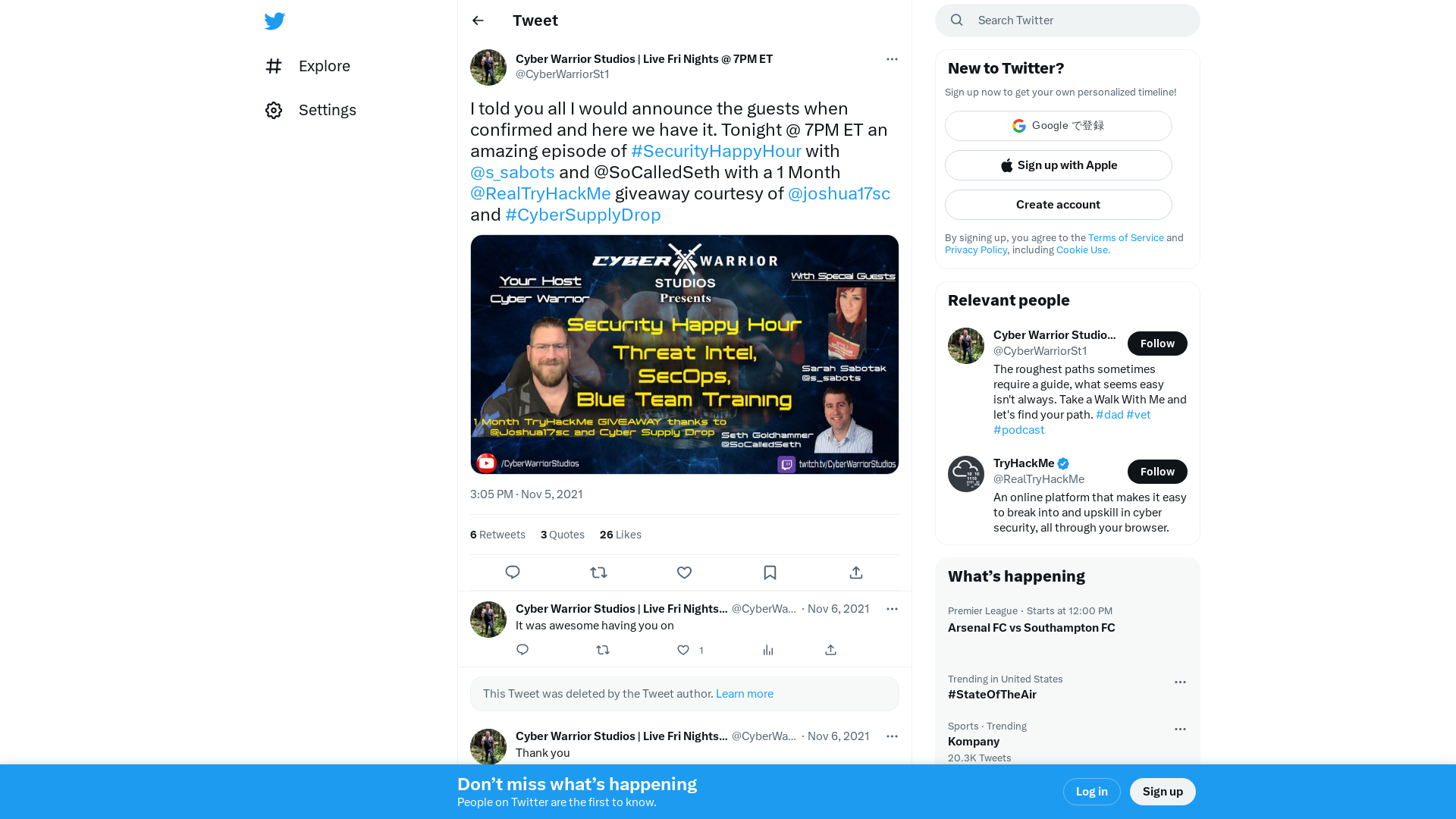Cyber Warrior Studios | Live Fri Nights @ 7PM ET on Twitter: "I told you all I would announce the guests when confirmed and here we have it. Tonight @ 7PM ET an amazing episode of #SecurityHappyHour with @s_sabots and @SoCalledSeth with a 1 Month @RealTryHackMe giveaway courtesy of @joshua17sc and #CyberSupplyDrop https://t.co/qBVSb3pOF7" / Twitter