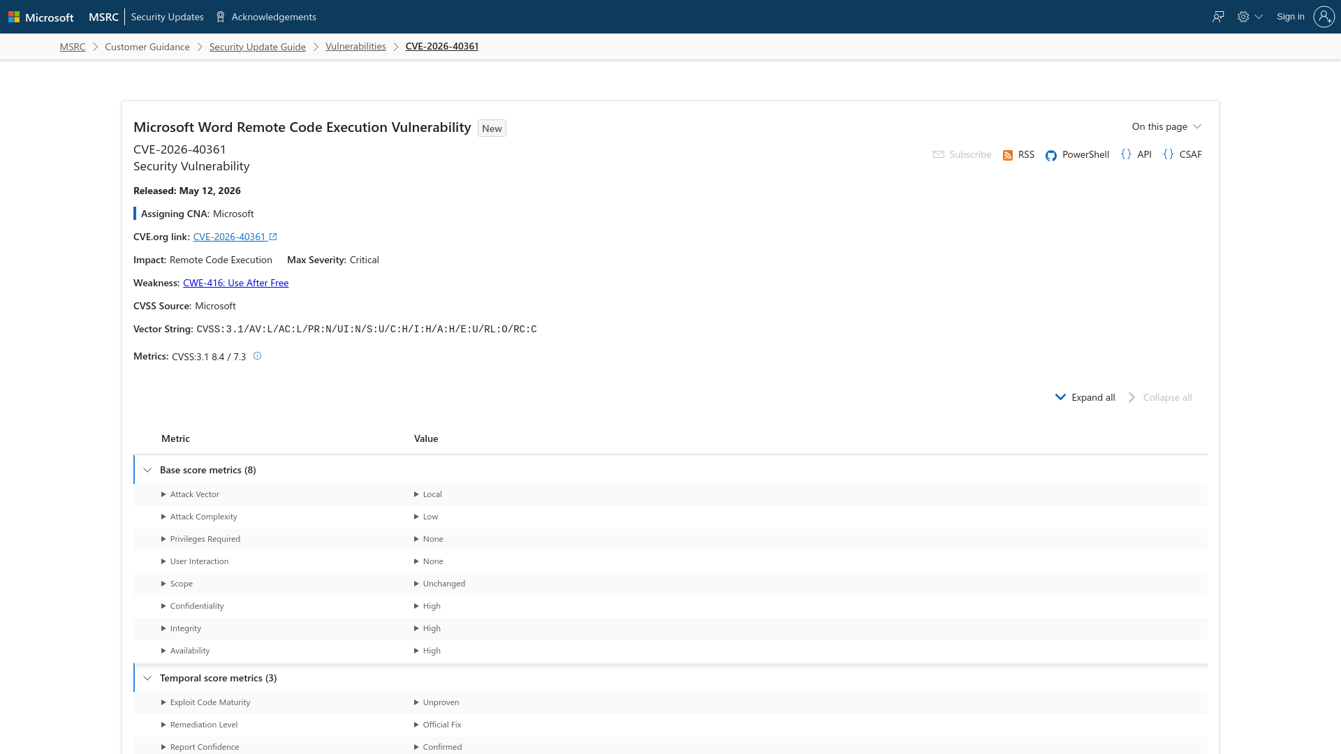 CVE-2026-40361 - Security Update Guide - Microsoft - Microsoft Word Remote Code Execution Vulnerability