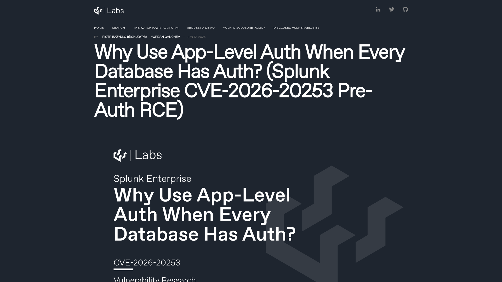 Why Use App-Level Auth When Every Database Has Auth? (Splunk Enterprise CVE-2026-20253 Pre-Auth RCE)