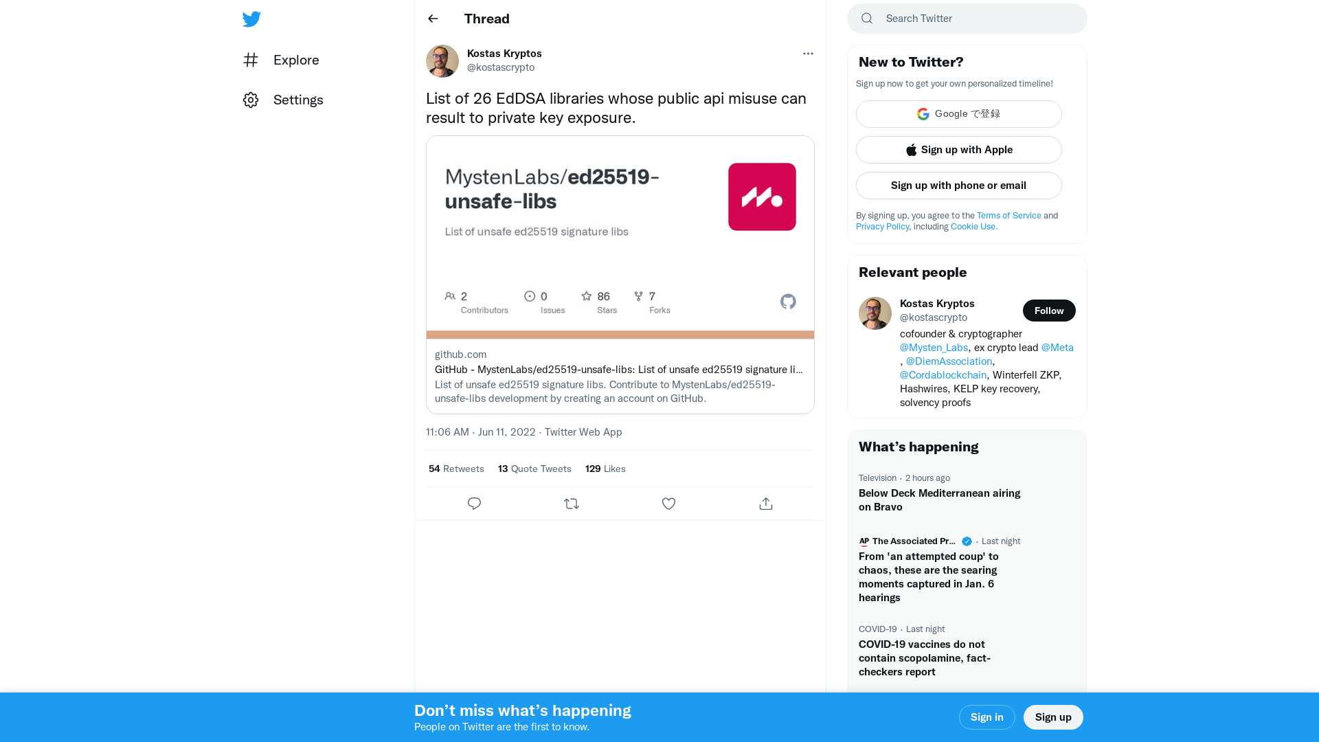 Kostas Kryptos on Twitter: "List of 26 EdDSA libraries whose public api misuse can result to private key exposure. https://t.co/3k2IibIqfN" / Twitter