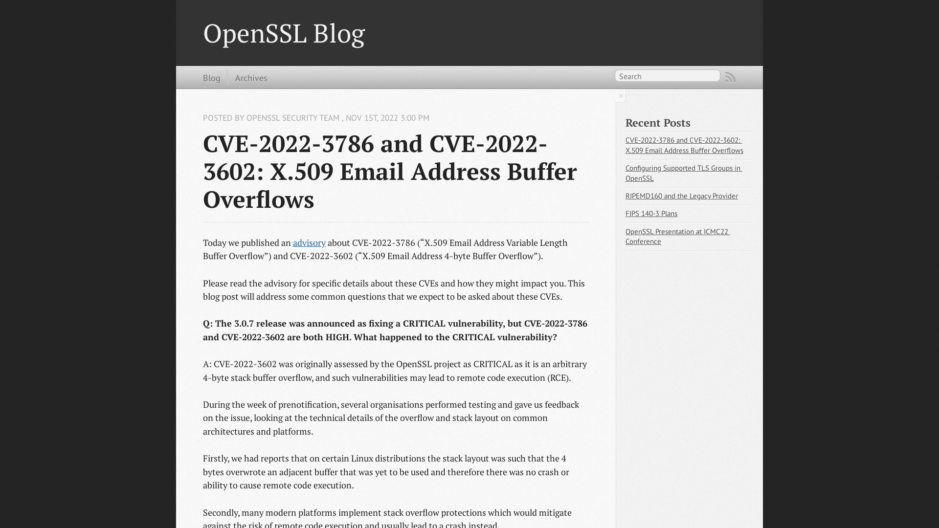 CVE-2022-3786 and CVE-2022-3602: X.509 Email Address Buffer Overflows - OpenSSL Blog