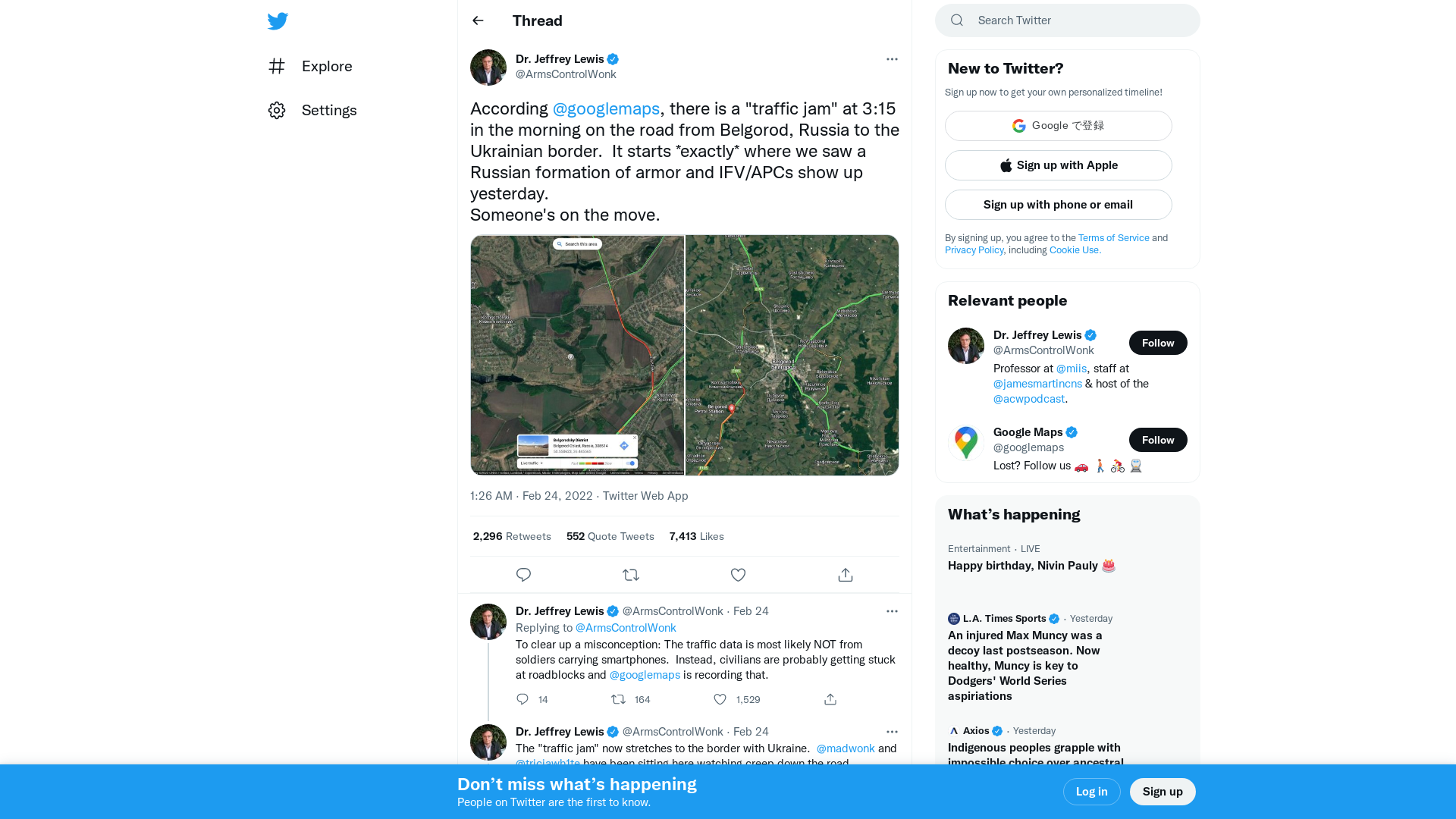 Dr. Jeffrey Lewis on Twitter: "According @googlemaps, there is a "traffic jam" at 3:15 in the morning on the road from Belgorod, Russia to the Ukrainian border. It starts *exactly* where we saw a Russian formation of armor and IFV/APCs show up yesterday. Someone's on the move. https://t.co/BYyc5YZsWL" / Twitter