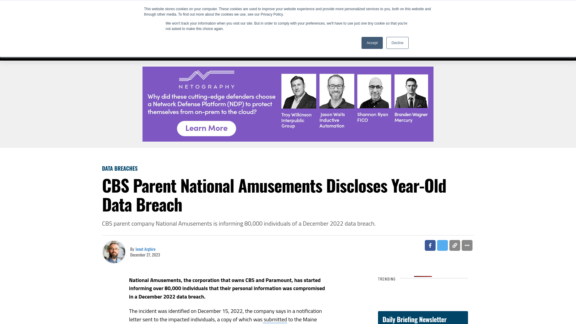 CBS Parent National Amusements Discloses Year-Old Data Breach - SecurityWeek