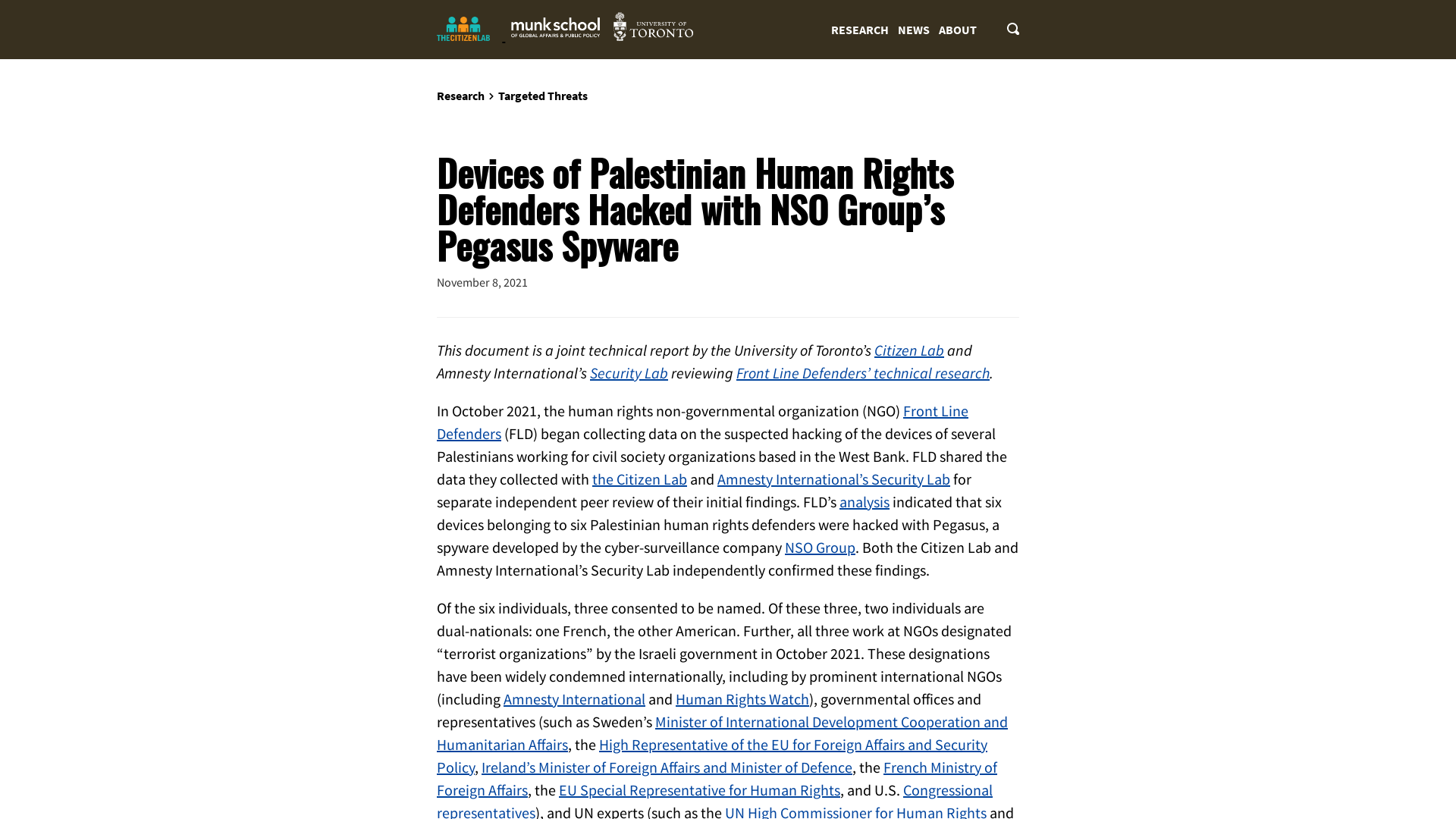Devices of Palestinian Human Rights Defenders Hacked with NSO Group’s Pegasus Spyware - The Citizen Lab