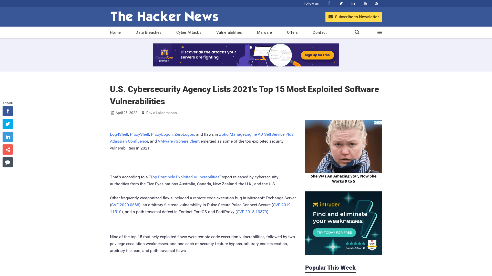 U.S. Cybersecurity Agency Lists 2021's Top 15 Most Exploited Software Vulnerabilities
