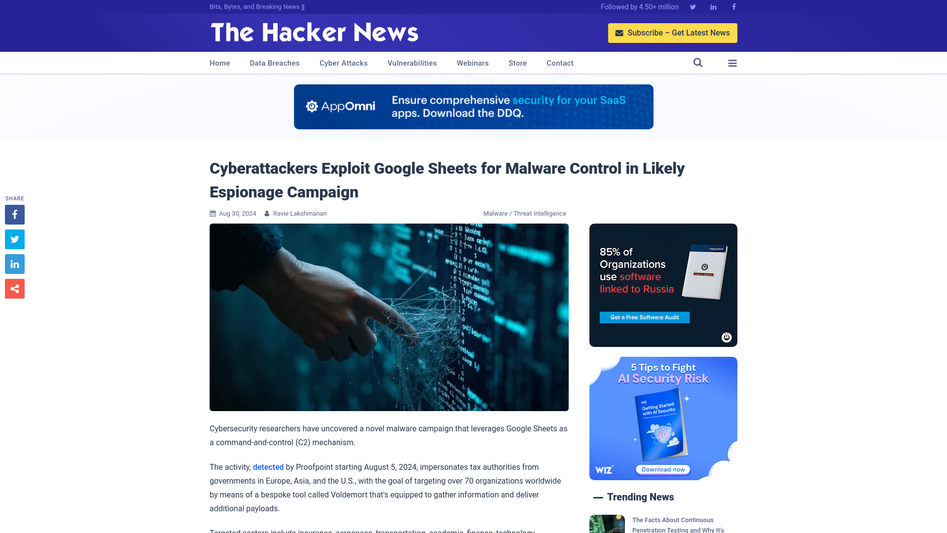 Cyberattackers Exploit Google Sheets for Malware Control in Likely Espionage Campaign