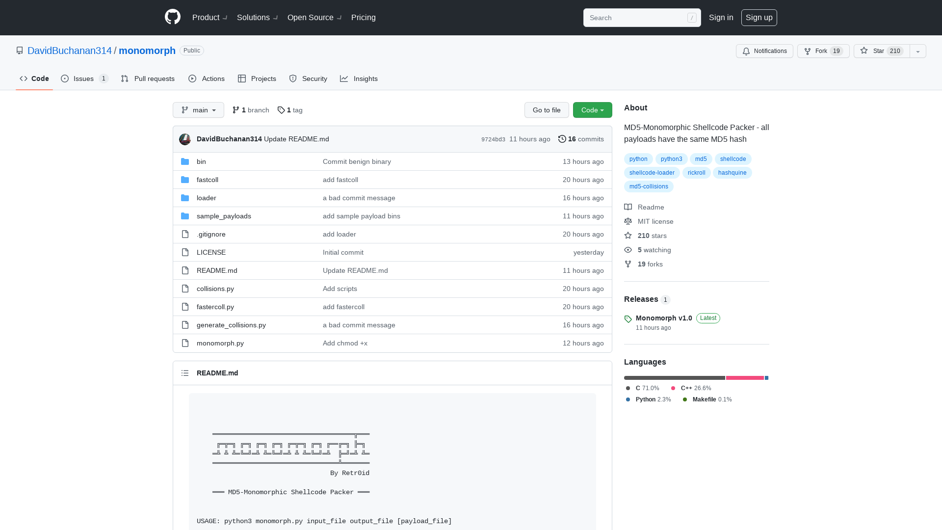 GitHub - DavidBuchanan314/monomorph: MD5-Monomorphic Shellcode Packer - all payloads have the same MD5 hash