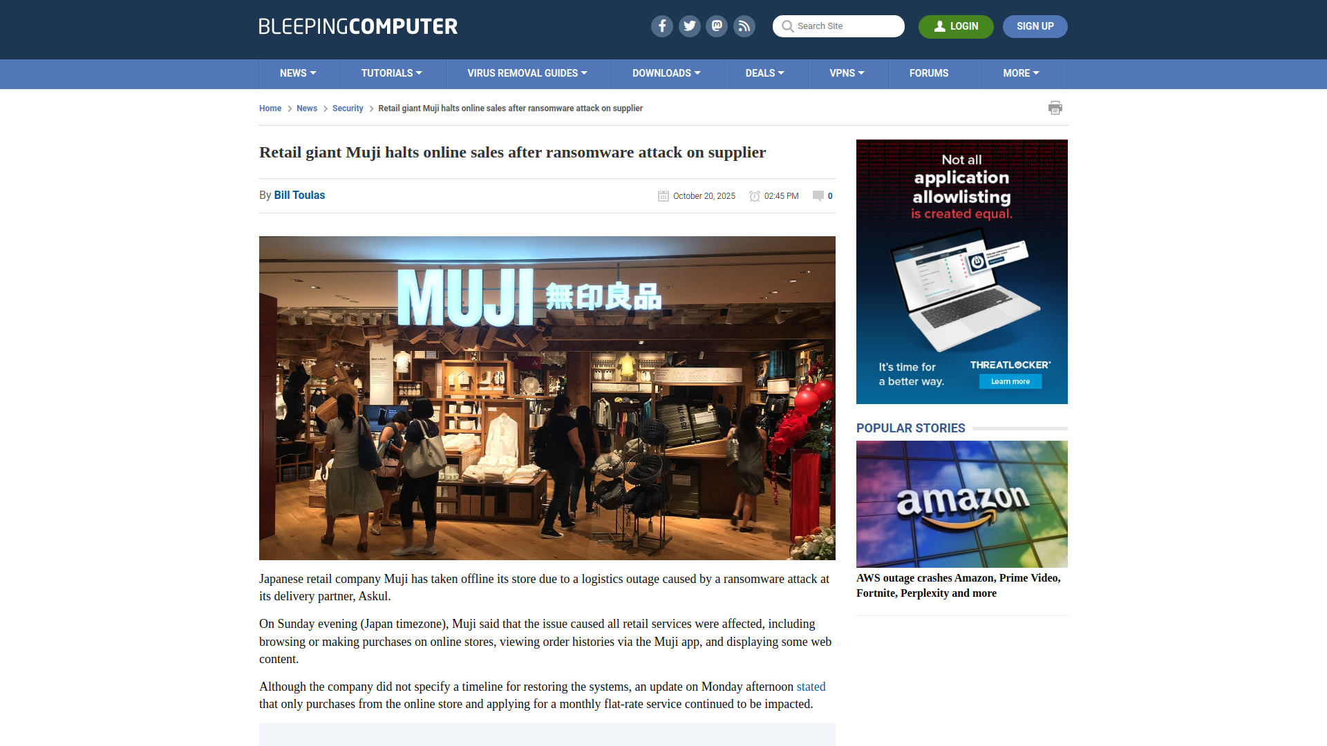 Retail giant Muji halts online sales after ransomware attack on supplier