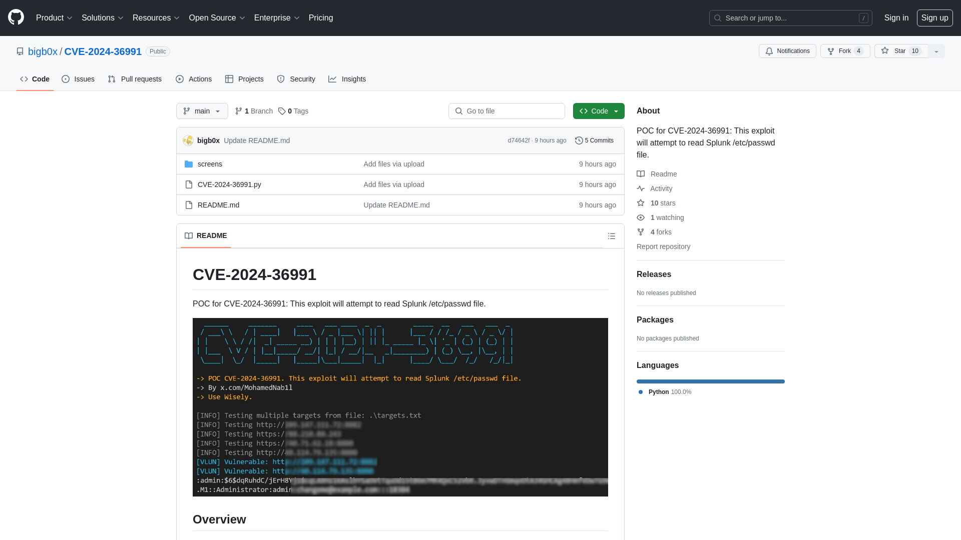 GitHub - bigb0x/CVE-2024-36991: POC for CVE-2024-36991: This exploit will attempt to read Splunk /etc/passwd file.