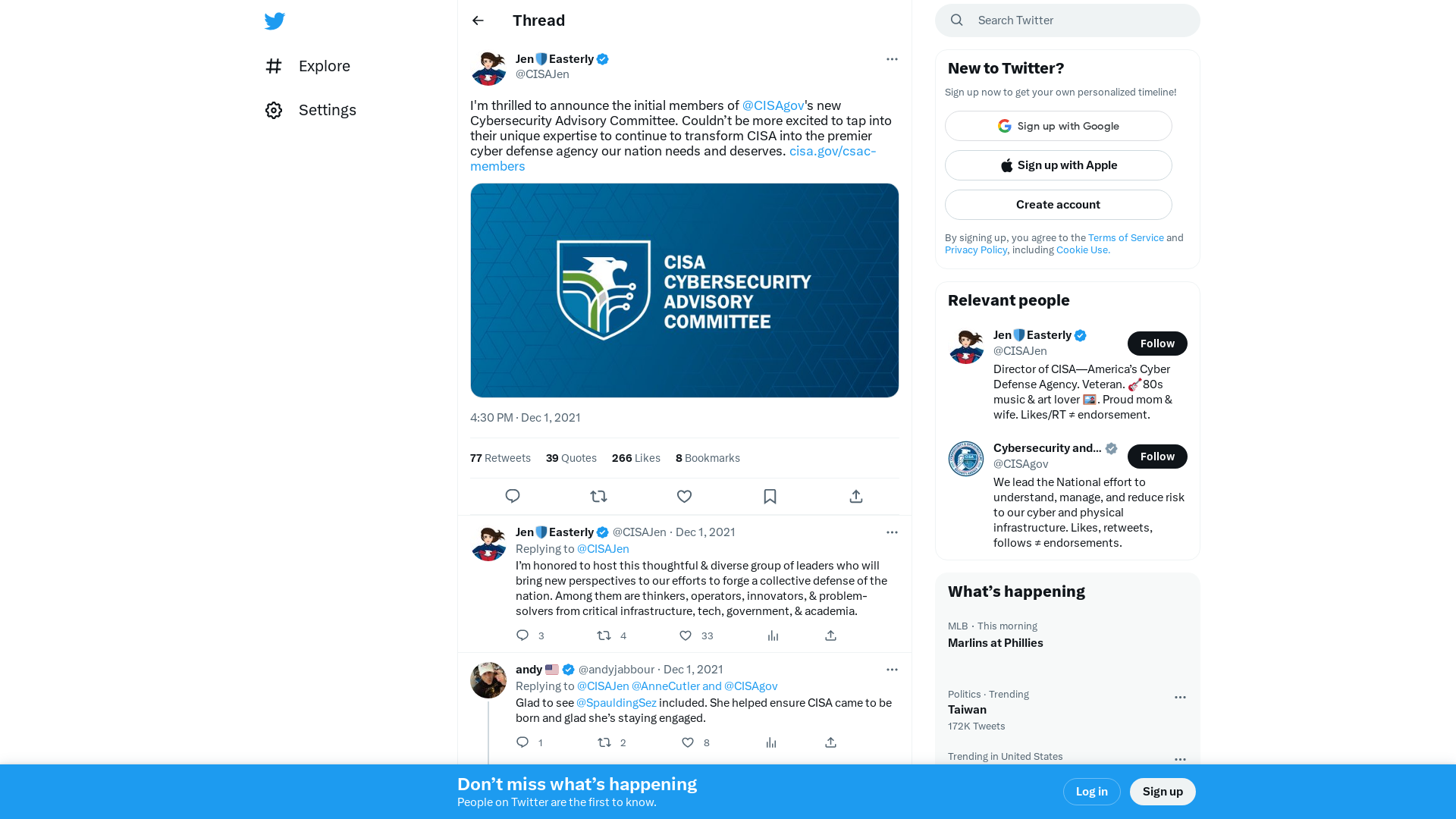 Jen🛡Easterly on Twitter: "I'm thrilled to announce the initial members of @CISAgov's new Cybersecurity Advisory Committee. Couldn’t be more excited to tap into their unique expertise to continue to transform CISA into the premier cyber defense agency our nation needs and deserves. https://t.co/OF2dbxhTNb https://t.co/mTA7Ip7bXW" / Twitter