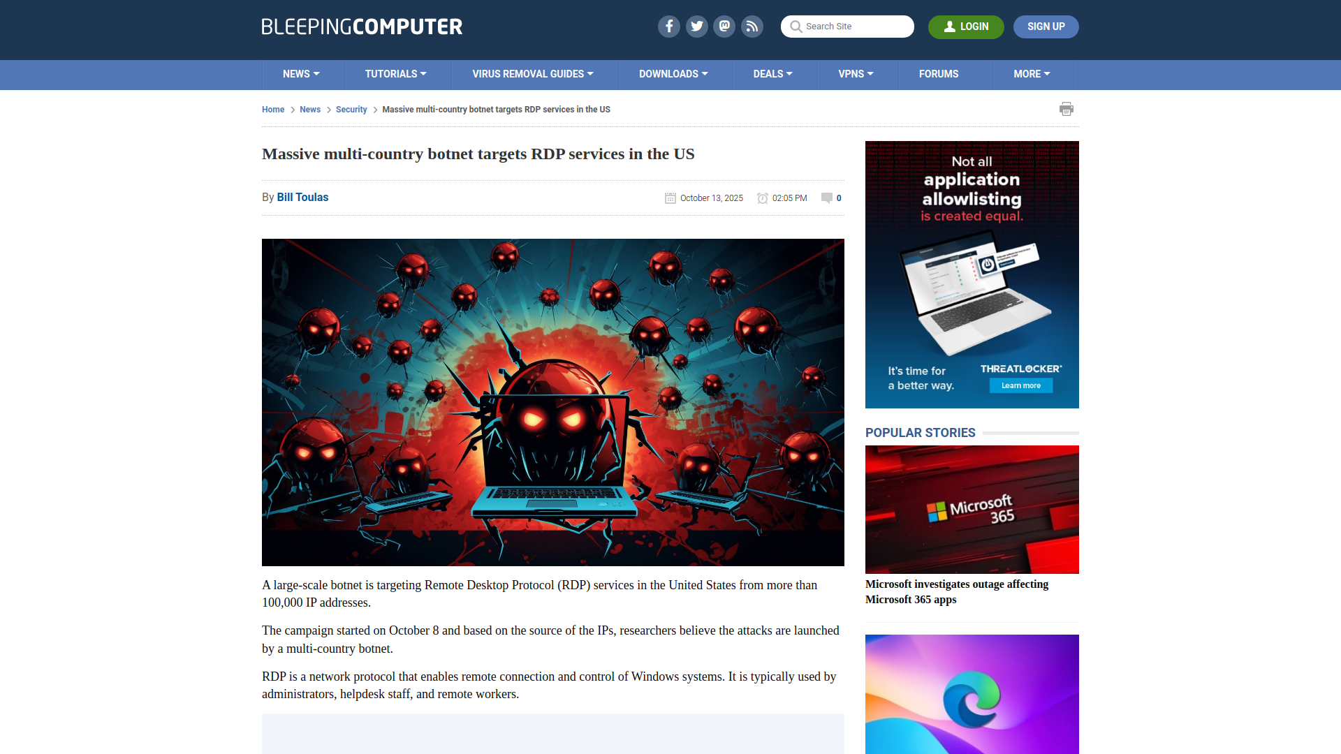 Massive multi-country botnet targets RDP services in the US