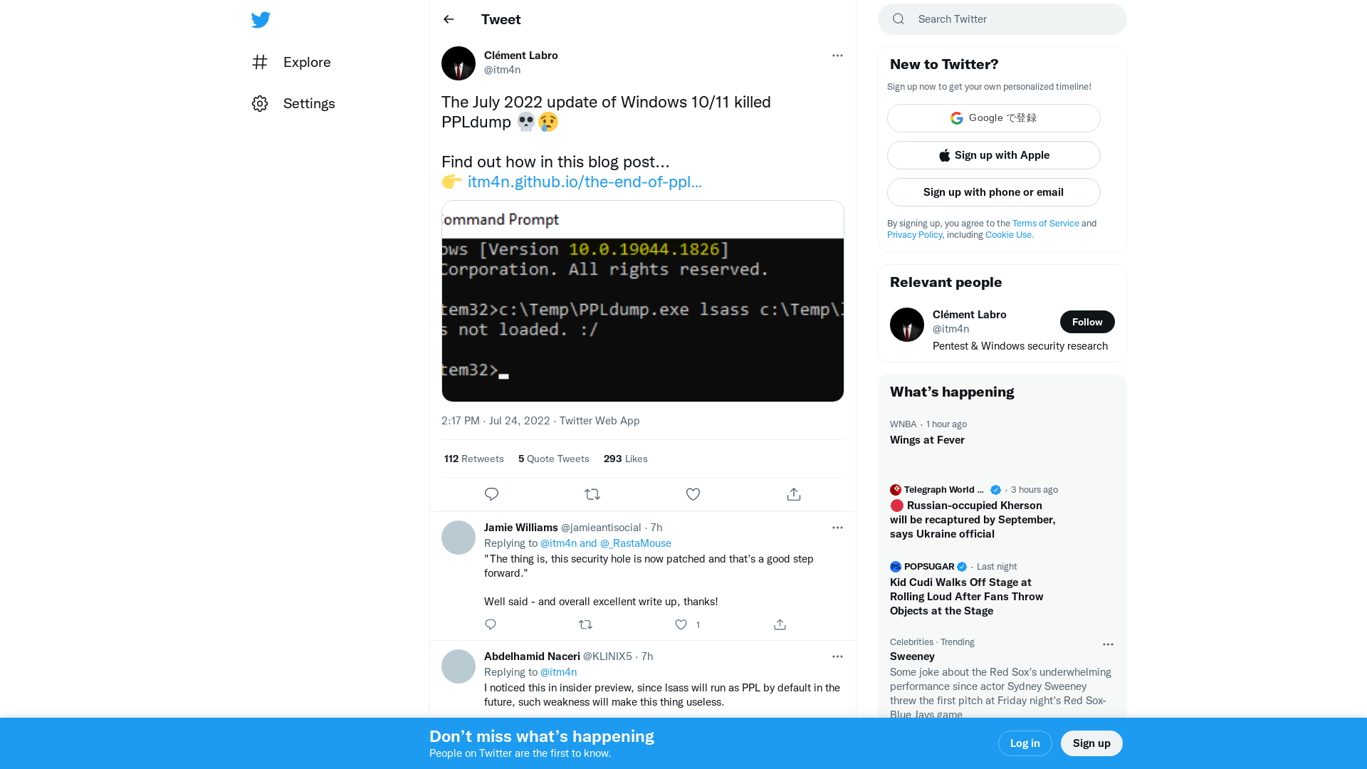 Clément Labro on Twitter: "The July 2022 update of Windows 10/11 killed PPLdump 💀😢 Find out how in this blog post... 👉 https://t.co/o0izvkkSm0 https://t.co/2jDDqc9Zlo" / Twitter