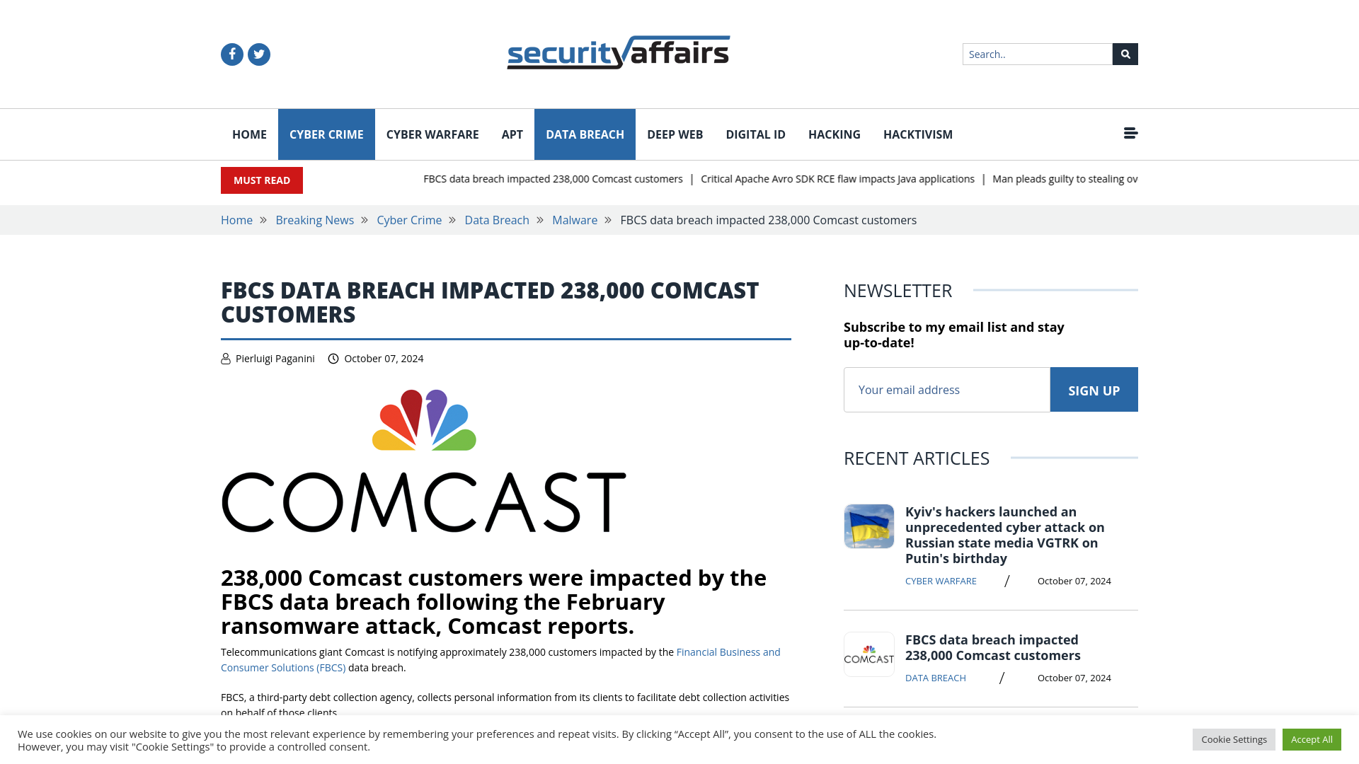 FBCS data breach impacted 238,000 Comcast customers