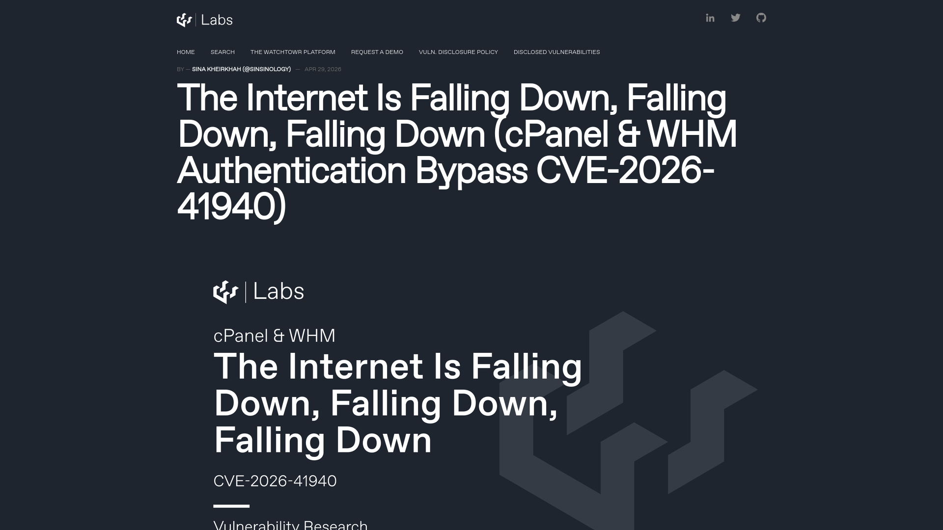 The Internet Is Falling Down, Falling Down, Falling Down (cPanel & WHM Authentication Bypass CVE-2026-41940)
