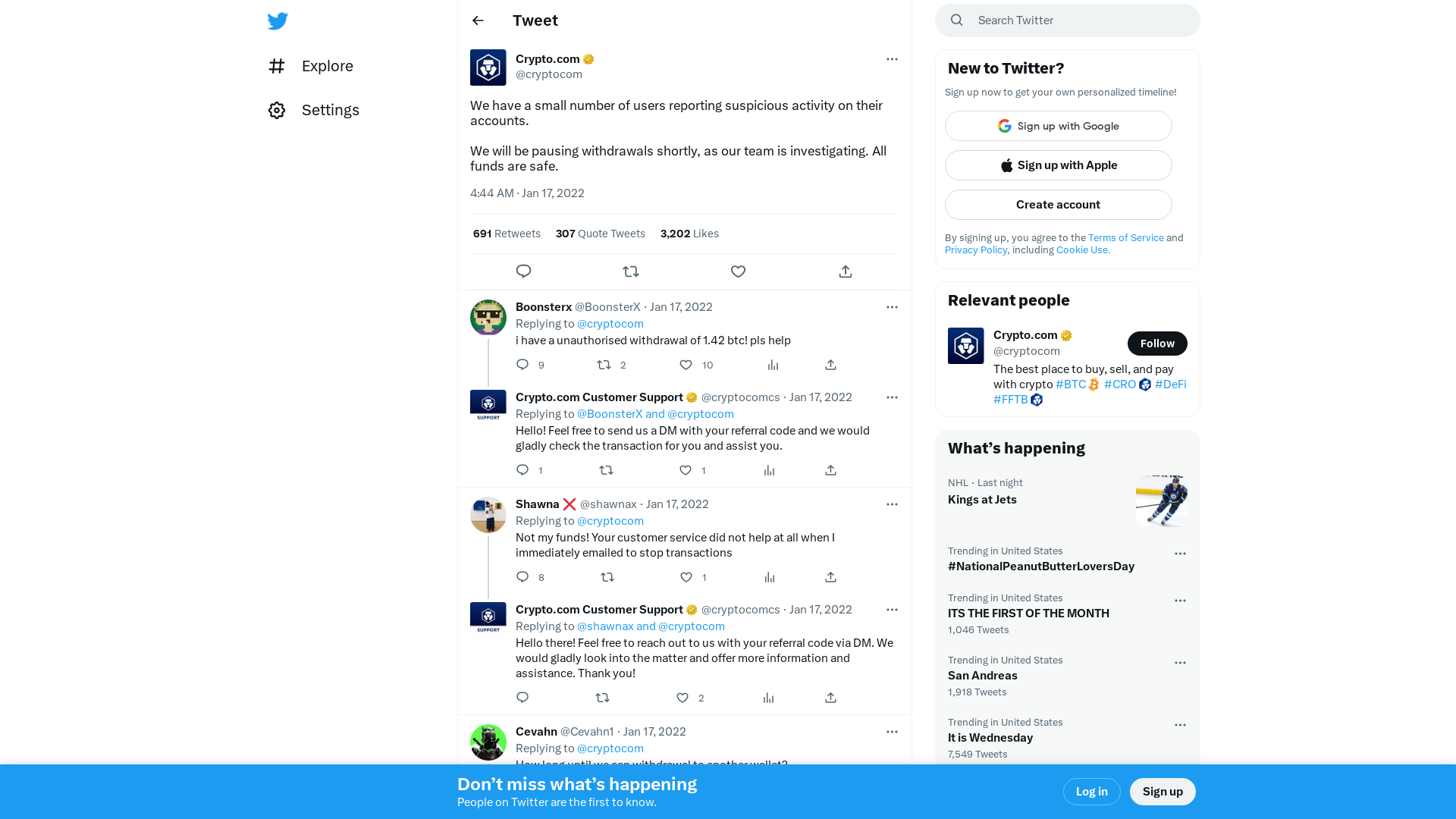 Crypto.com on Twitter: "We have a small number of users reporting suspicious activity on their accounts. We will be pausing withdrawals shortly, as our team is investigating. All funds are safe." / Twitter