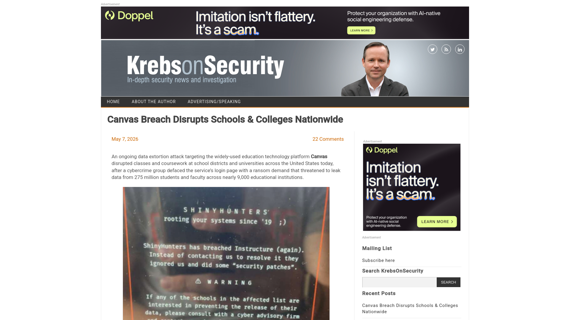 Canvas Breach Disrupts Schools & Colleges Nationwide – Krebs on Security