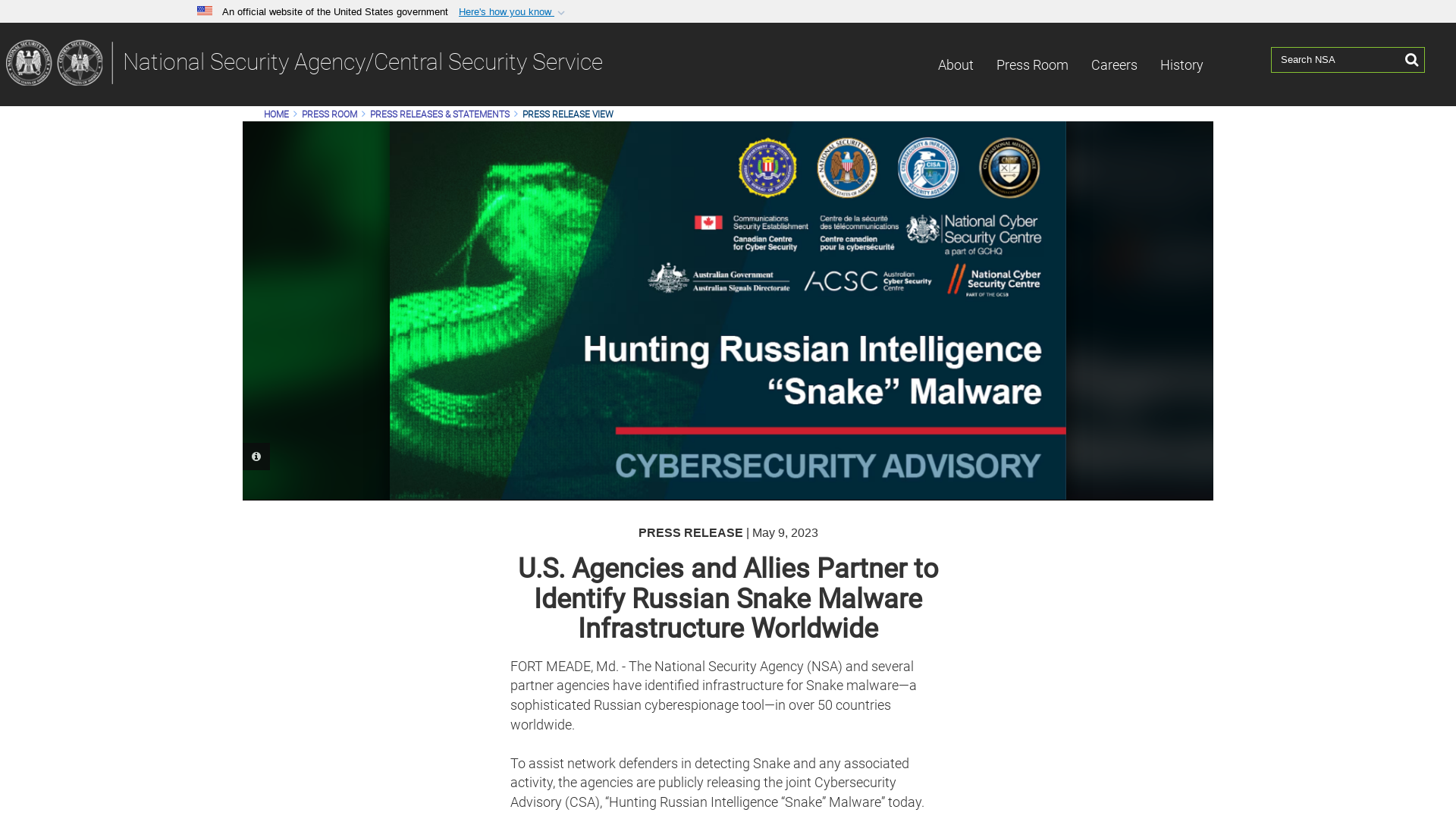 U.S. Agencies and Allies Partner to Identify Russian Snake Malware Infrastructure Worldwide > National Security Agency/Central Security Service > Press Release View