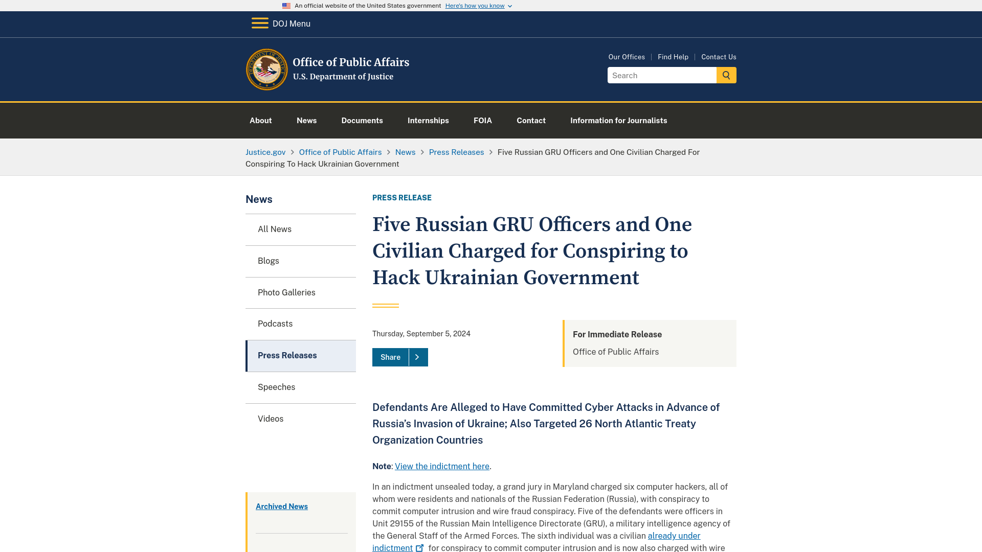 Office of Public Affairs | Five Russian GRU Officers and One Civilian Charged for Conspiring to Hack Ukrainian Government | United States Department of Justice