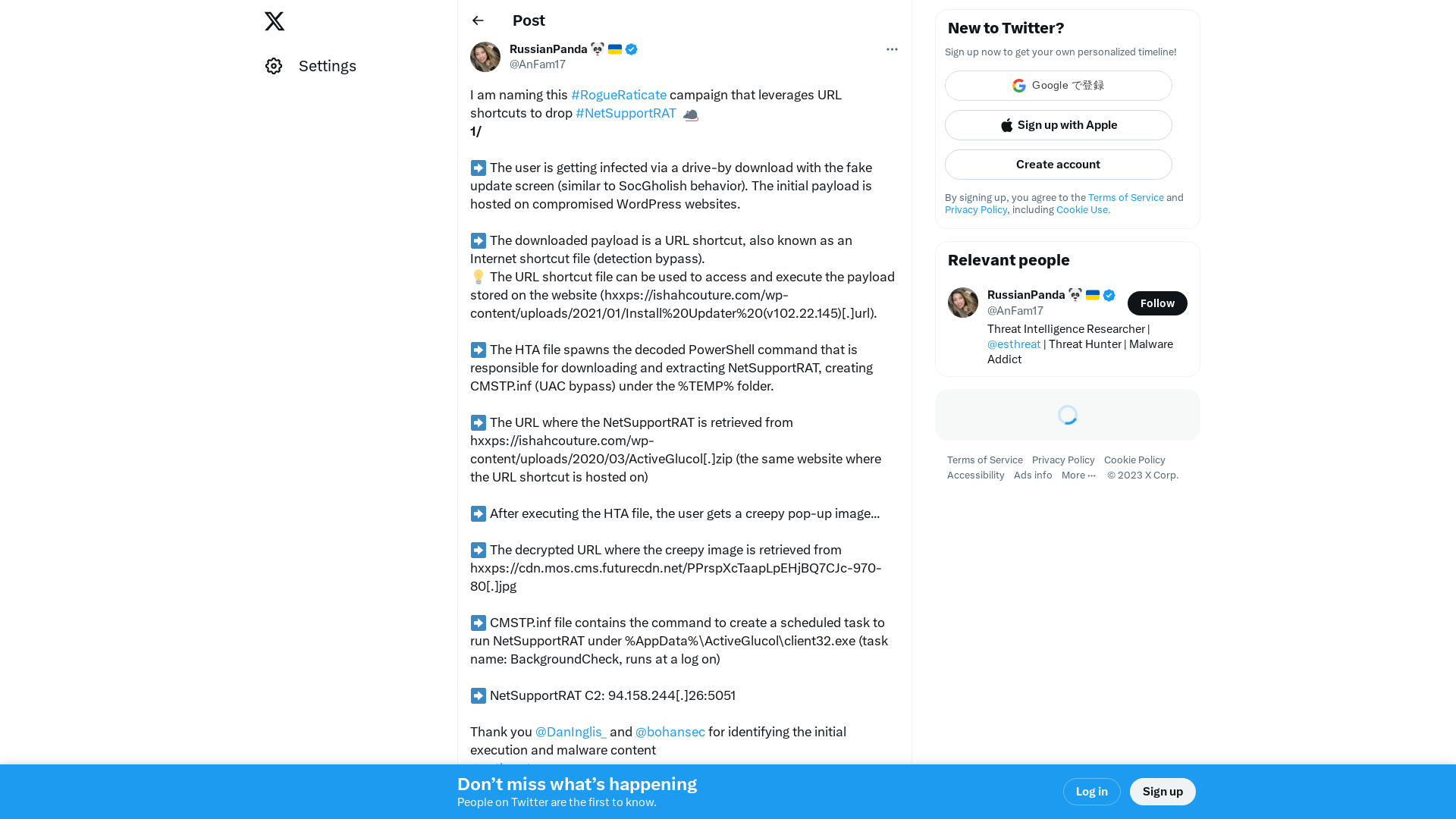 RussianPanda 🐼 🇺🇦 on Twitter: "I am naming this #RogueRaticate campaign that leverages URL shortcuts to drop #NetSupportRAT 🐀 1/ ➡️ The user is getting infected via a drive-by download with the fake update screen (similar to SocGholish behavior). The initial payload is hosted on compromised WordPress… https://t.co/8KIiGuxo6w" / X