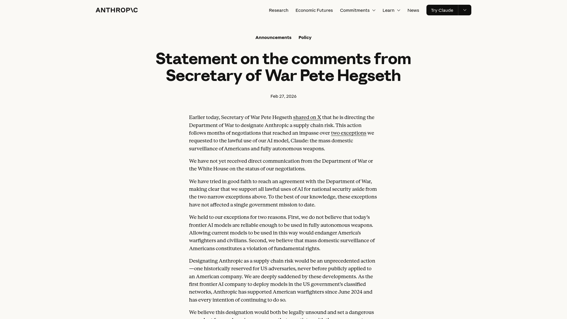 Statement on the comments from Secretary of War Pete Hegseth \ Anthropic