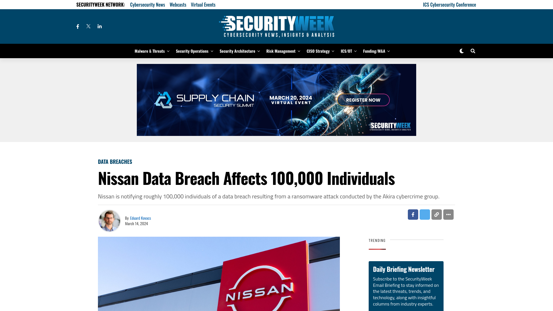 Nissan Data Breach Affects 100,000 Individuals - SecurityWeek