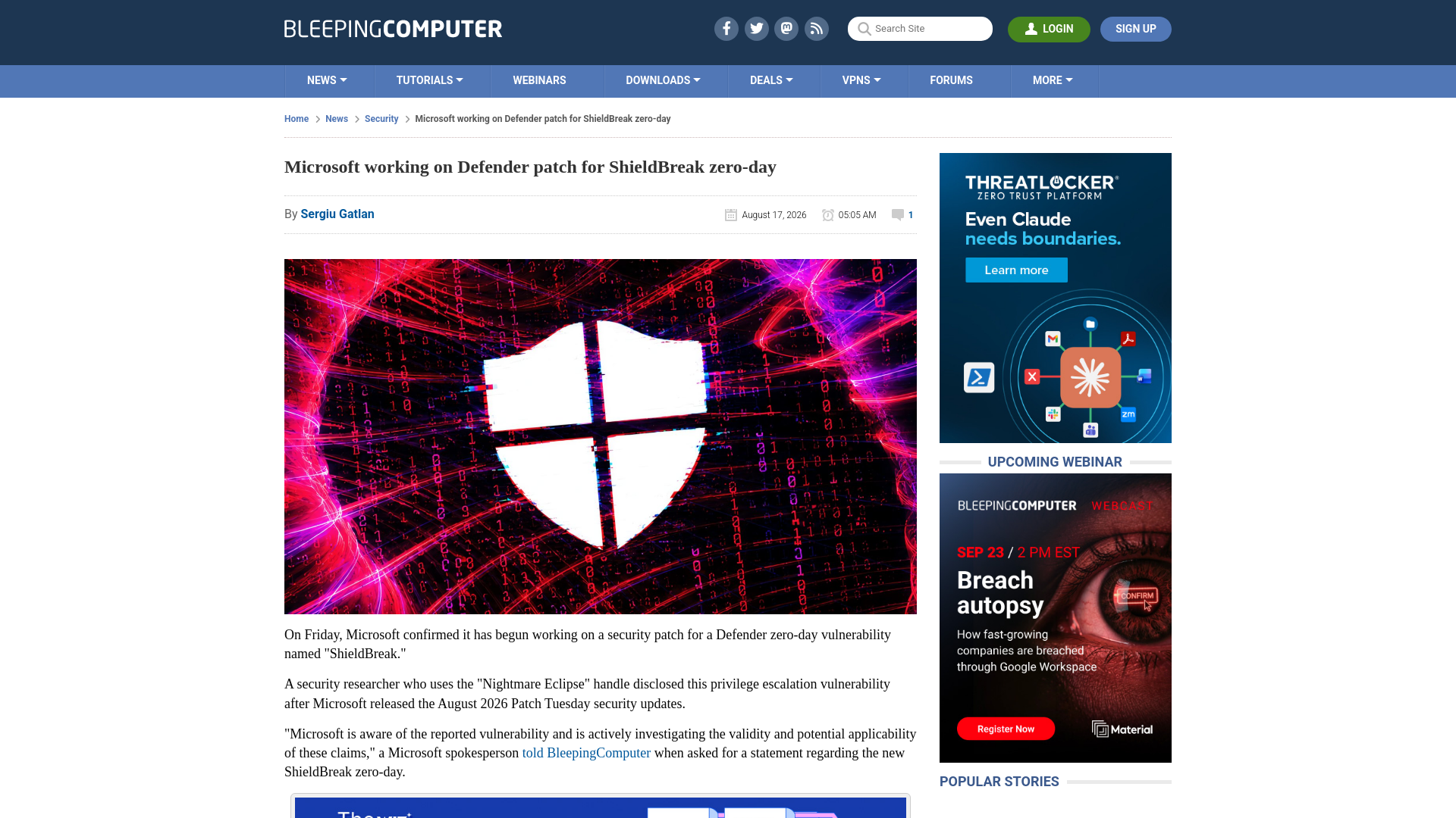 Microsoft working on Defender patch for ShieldBreak zero-day