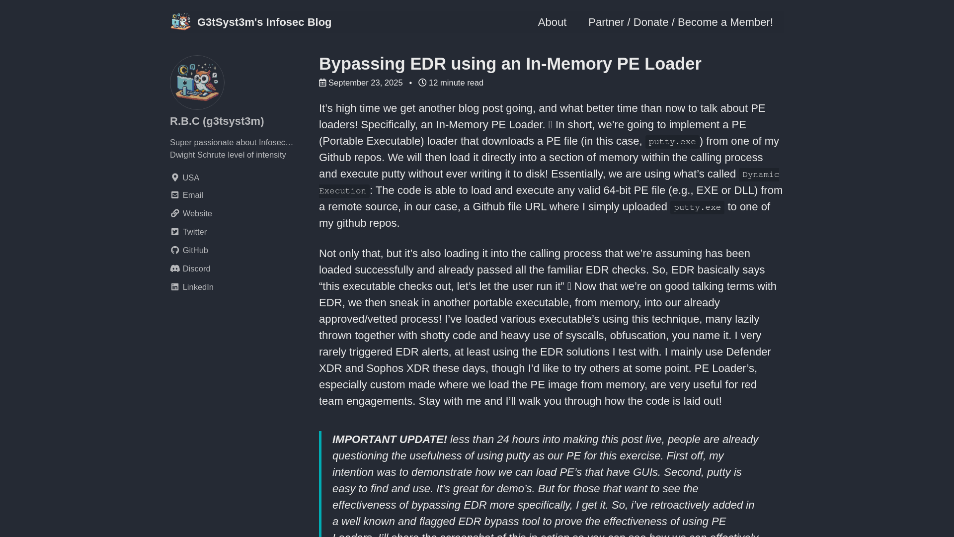 Bypassing EDR using an In-Memory PE Loader - G3tSyst3m’s Infosec Blog