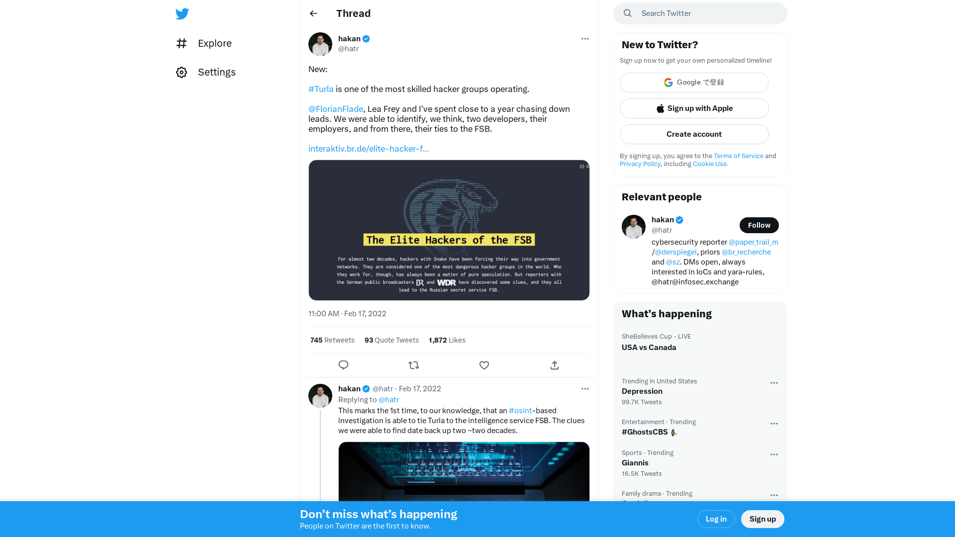 hakan on Twitter: "New: #Turla is one of the most skilled hacker groups operating. @FlorianFlade, Lea Frey and I've spent close to a year chasing down leads. We were able to identify, we think, two developers, their employers, and from there, their ties to the FSB. https://t.co/Zd8v4BFw90 https://t.co/xqL9wKwDKf" / Twitter