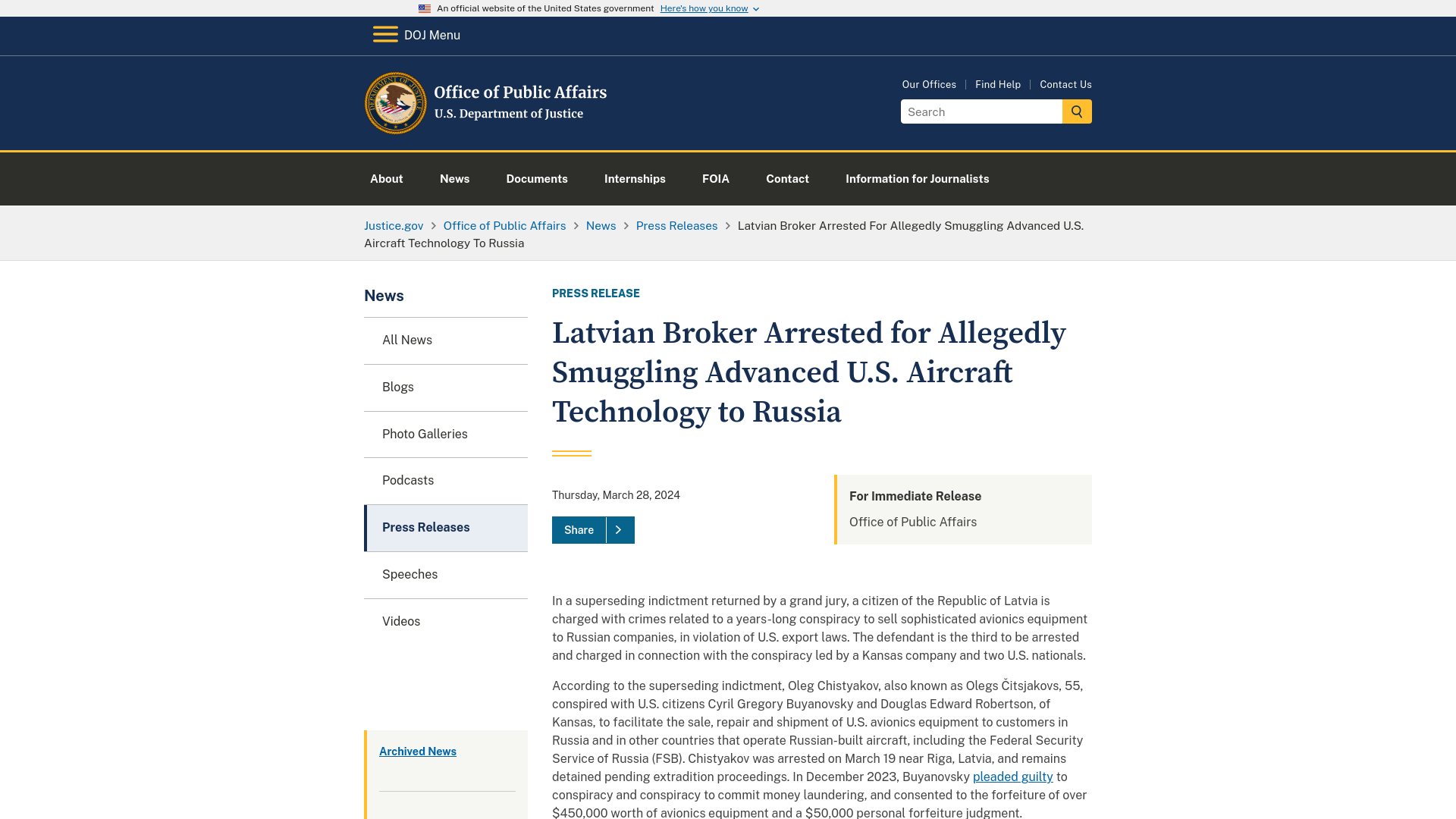 Office of Public Affairs | Latvian Broker Arrested for Allegedly Smuggling Advanced U.S. Aircraft Technology to Russia | United States Department of Justice