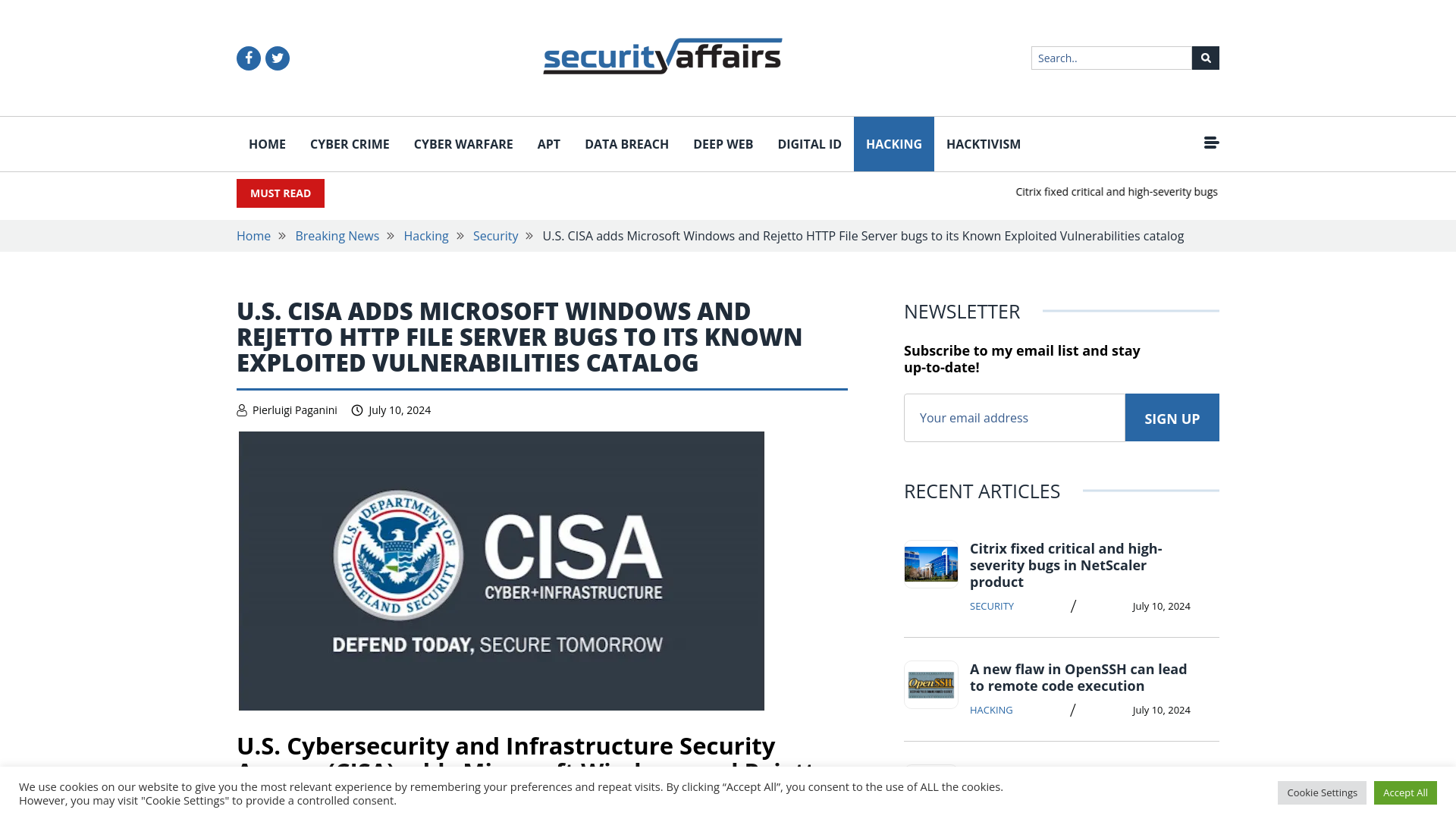 U.S. CISA adds Microsoft Windows and Rejetto HTTP File Server bugs to its Known Exploited Vulnerabilities catalog